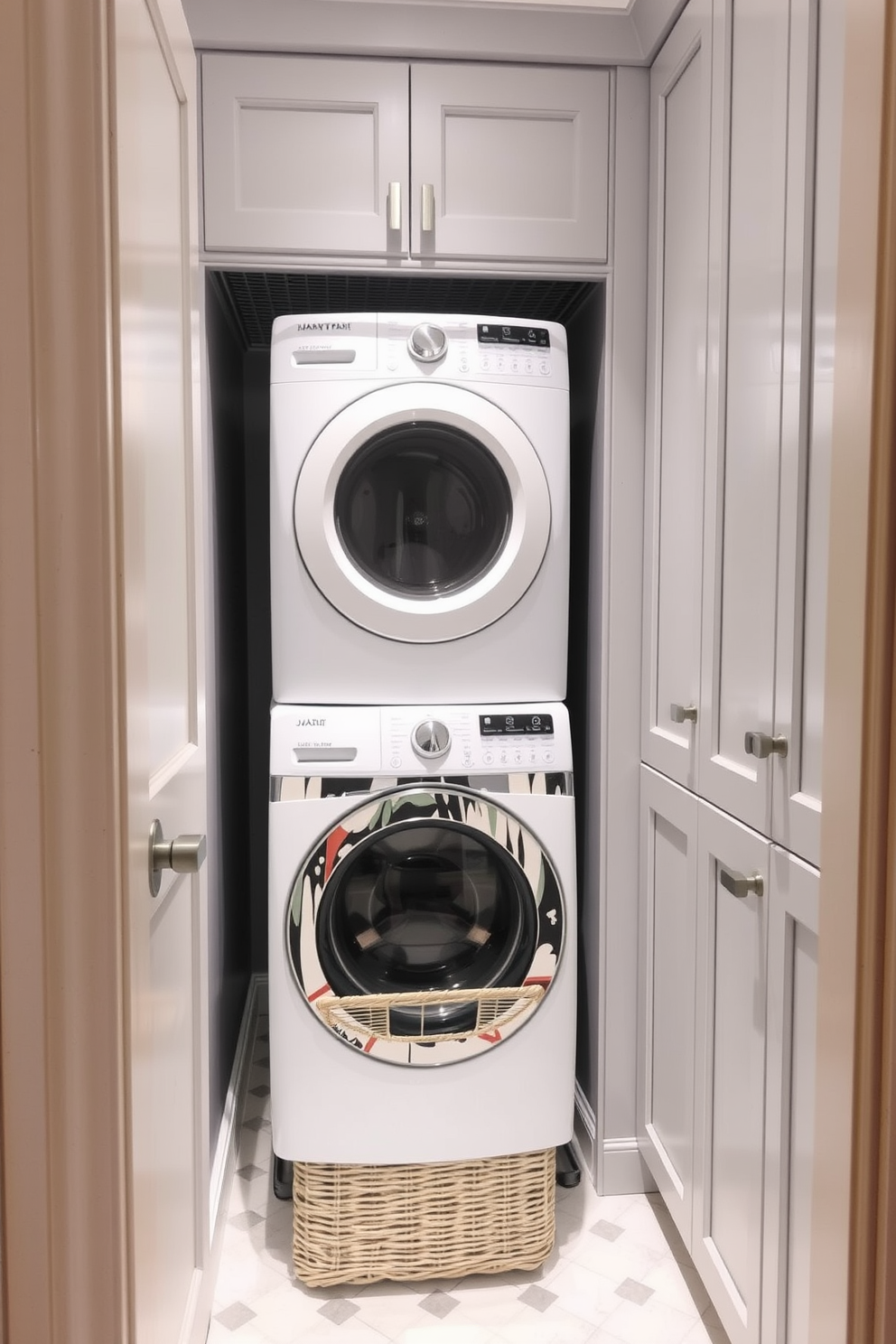 Chic laundry basket storage solutions. A stylish wicker laundry basket sits neatly in the corner, complemented by a sleek metal shelf above it for extra storage. Bathroom laundry room combo design ideas. The room features a modern washer and dryer stacked vertically, surrounded by custom cabinetry in a soft gray finish for a cohesive look.