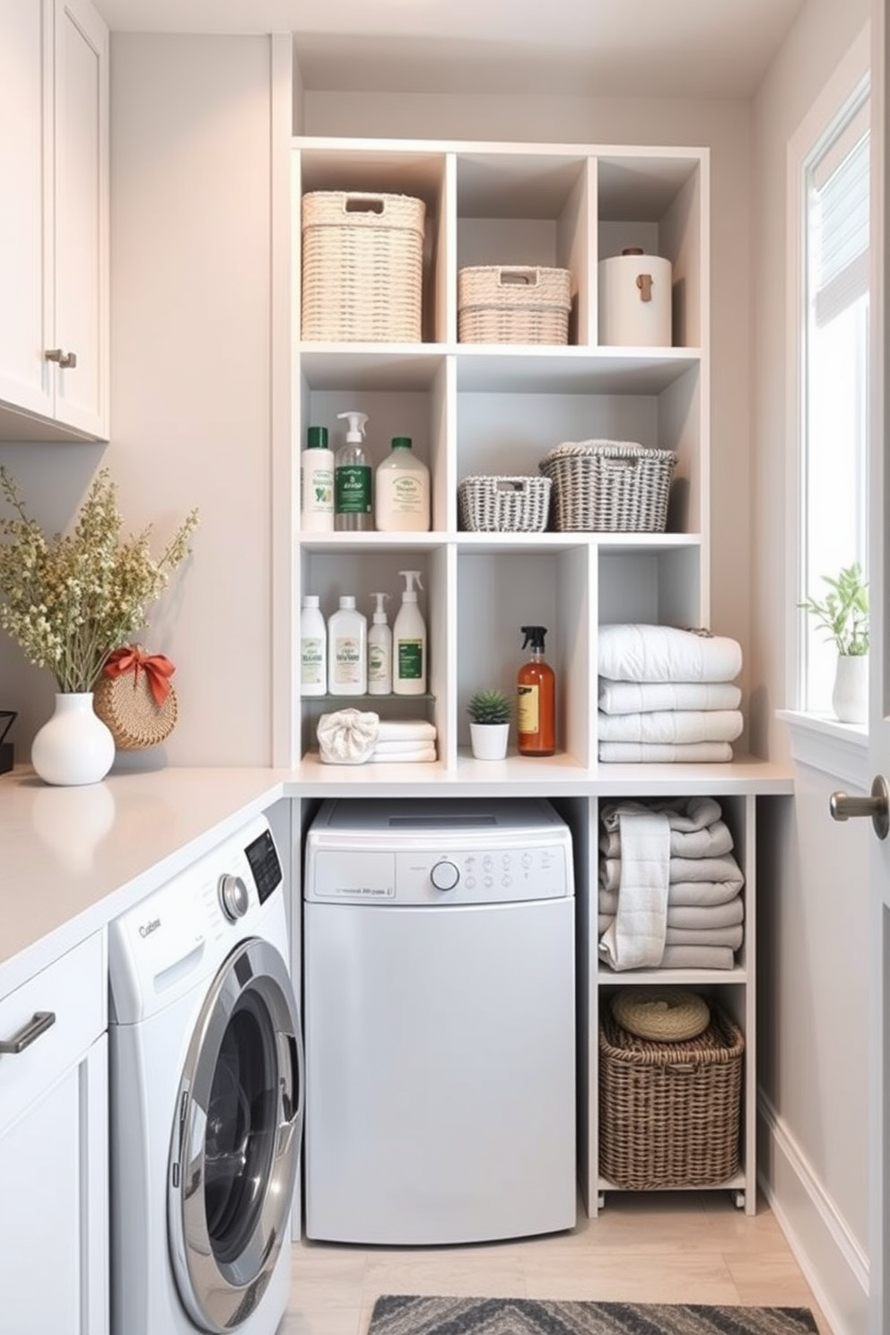 A functional and stylish vertical storage solution for cleaning supplies is designed with a sleek, modern aesthetic. The storage unit features open shelves for easy access, complemented by decorative baskets for organization. The laundry room combo showcases a harmonious blend of practicality and elegance. Equipped with a compact washer and dryer, the space includes a dedicated area for folding clothes, accented by a light color palette and subtle decorative elements.