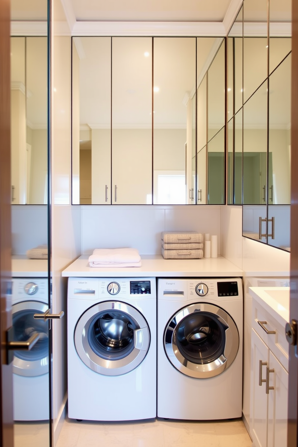 A stylish bathroom laundry room combo featuring mirrored cabinets that enhance the sense of space. The cabinetry is sleek and modern, providing ample storage while reflecting light to brighten the area. The laundry appliances are seamlessly integrated into the design, with a countertop above them for folding clothes. Soft lighting illuminates the space, creating a warm and inviting atmosphere perfect for multitasking.