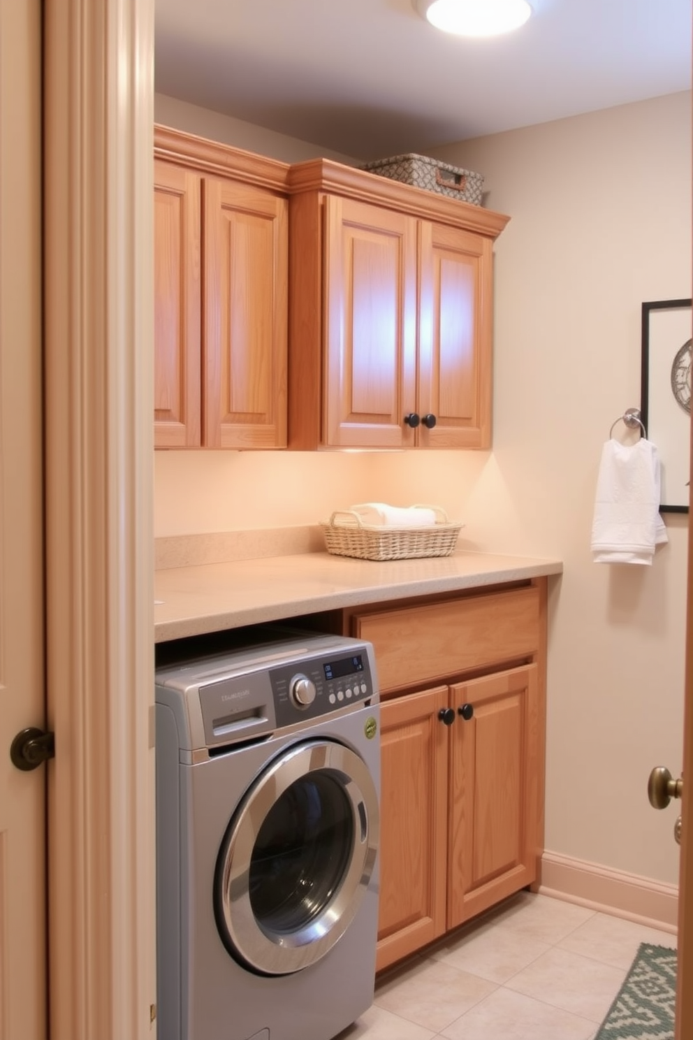 A serene bathroom laundry room combo with a neutral color palette. The walls are painted in soft beige, and the cabinetry features light oak finishes for a warm, inviting feel. The laundry area includes a stacked washer and dryer tucked neatly behind closed doors. A spacious countertop above the machines provides ample space for folding laundry, complemented by decorative storage baskets for organization.