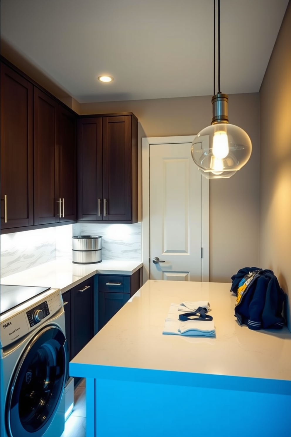 A modern laundry room with a sleek design that incorporates functional lighting above the work areas. The space features a large countertop for folding clothes, with under-cabinet lighting illuminating the workspace. The room includes a stacked washer and dryer with a stylish backsplash that complements the cabinetry. Bright, adjustable pendant lights hang above the countertop, providing ample light for tasks while adding a touch of elegance.