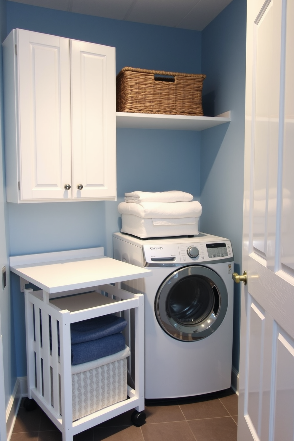 A compact laundry room featuring a small laundry cart on wheels for easy maneuverability. The walls are painted in a soft blue hue, complemented by white cabinetry and a sleek countertop for folding clothes. The laundry cart is neatly positioned next to a stacked washer and dryer, maximizing space efficiency. Decorative baskets are placed on the shelves above, providing stylish storage for laundry essentials.