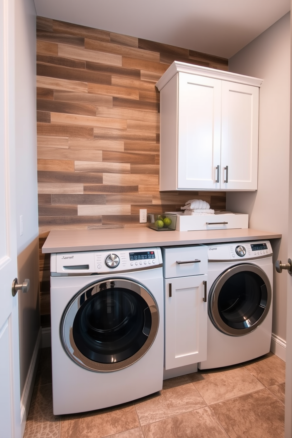 A laundry room that features a textured accent wall made of reclaimed wood, adding warmth and character to the space. The room includes a modern washer and dryer stacked with stylish cabinetry above for storage and organization. Incorporate a sleek countertop that extends from the cabinetry, providing ample space for folding laundry. The flooring is a durable tile that mimics the look of natural stone, ensuring both practicality and aesthetic appeal.