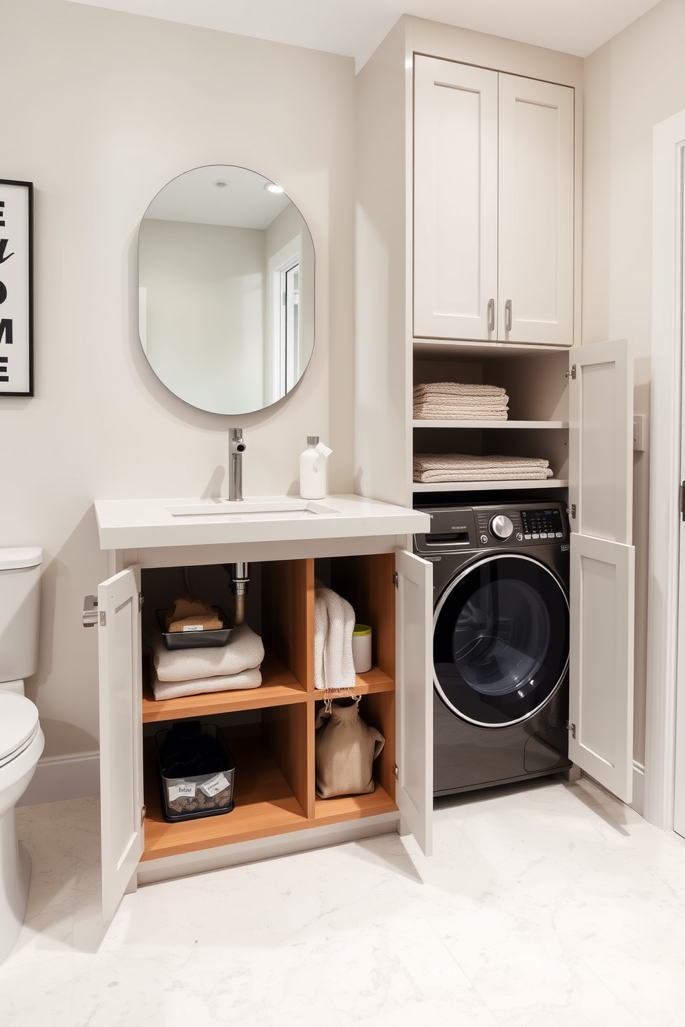 A dual-purpose vanity seamlessly integrates laundry storage in a stylish bathroom. The design features a sleek countertop with a built-in sink, complemented by open shelving beneath for easy access to laundry essentials. The room is adorned with soft, neutral tones that create a calming atmosphere. A modern washer and dryer are cleverly tucked away behind cabinet doors, maintaining an uncluttered look while maximizing functionality.