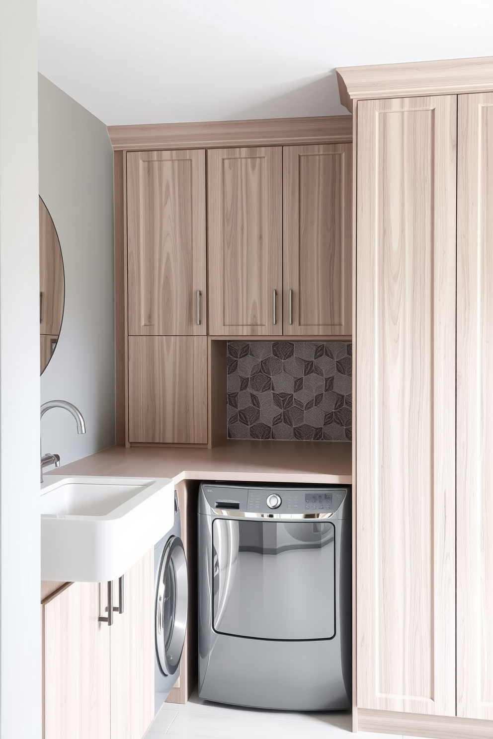 A compact laundry folding area is designed adjacent to a sleek sink. The space features built-in cabinetry with a light wood finish, providing ample storage for laundry essentials. A countertop above the washer and dryer serves as a convenient folding space. The walls are painted in a soft gray hue, and a stylish backsplash adds a touch of elegance.