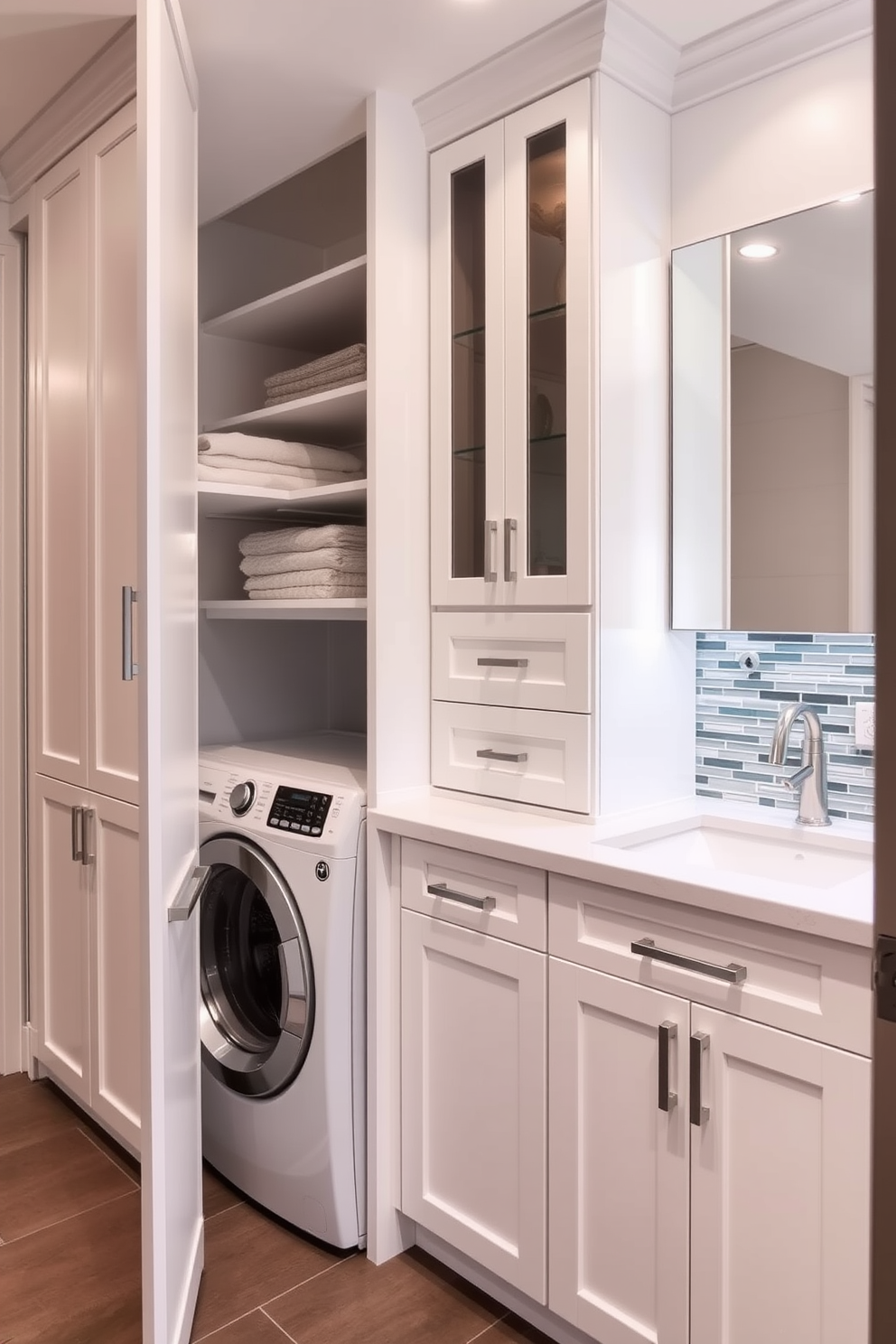 Custom cabinetry designed to maximize storage space features sleek, modern lines and a combination of open shelving and closed cabinets. The cabinetry is finished in a soft white, complemented by brushed nickel hardware, creating a clean and functional aesthetic. The bathroom laundry room combo includes a stacked washer and dryer seamlessly integrated into the cabinetry, with a countertop above for folding clothes. Bright lighting illuminates the space, while a stylish backsplash adds a pop of color and visual interest.