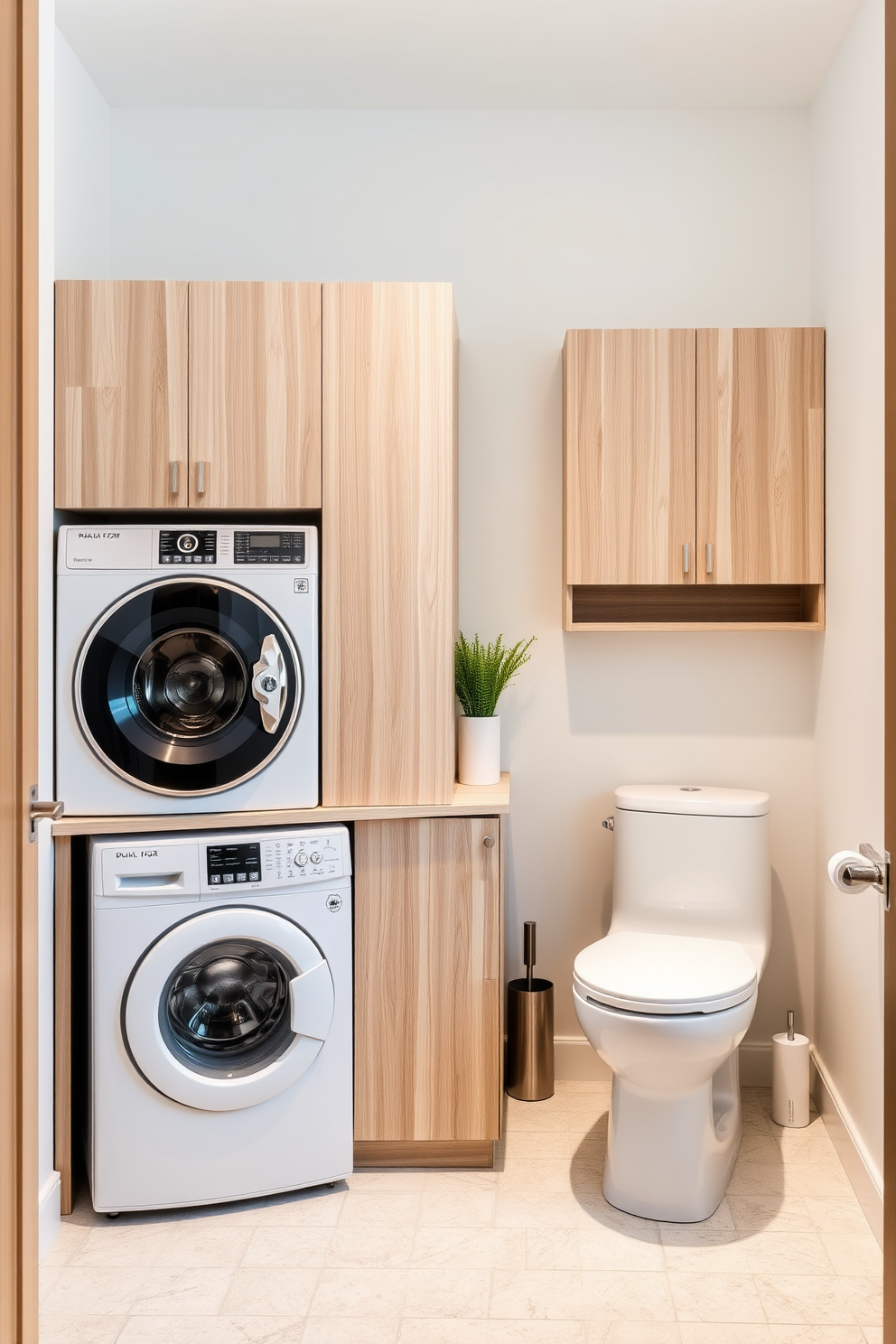 A modern bathroom laundry room combo featuring water-efficient fixtures that promote eco-friendliness. The design includes a sleek, compact washer and dryer unit seamlessly integrated into cabinetry with a natural wood finish. The bathroom area showcases a stylish sink with a low-flow faucet and a dual-flush toilet. Soft, neutral colors on the walls create a calming atmosphere, while a small potted plant adds a touch of greenery to enhance the eco-friendly theme.