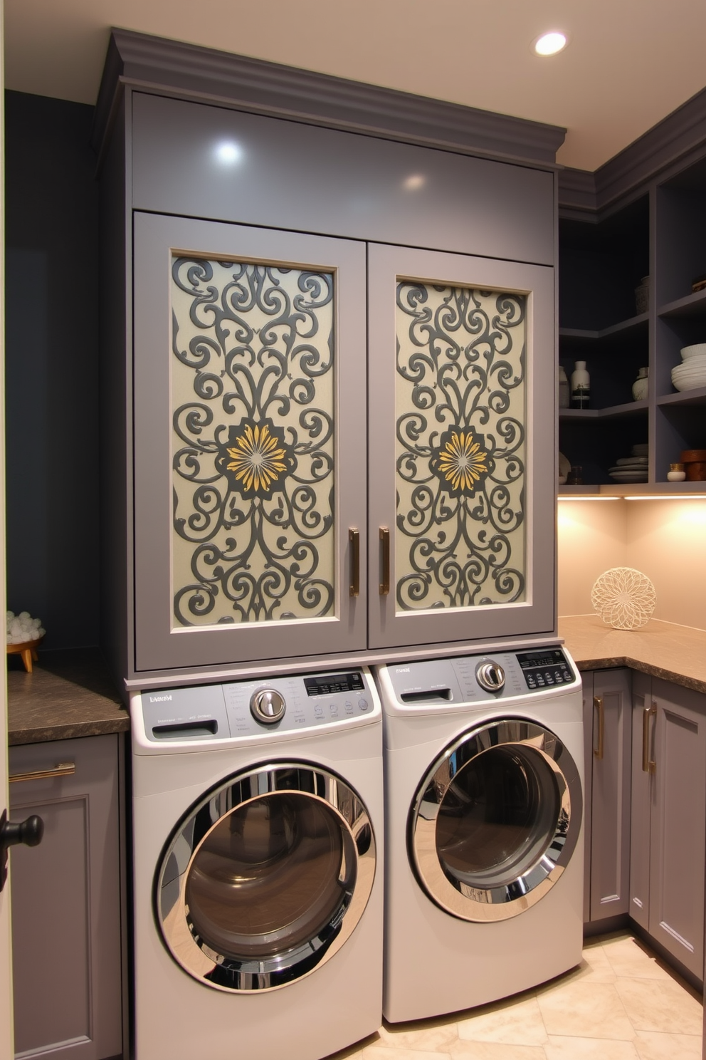 A stylish laundry room featuring decorative screens that elegantly conceal the washer and dryer. The screens are adorned with intricate patterns, adding a touch of sophistication to the space while maintaining functionality. The laundry area is designed with a combination of sleek cabinetry and open shelving for storage. Soft lighting highlights the decorative elements, creating a warm and inviting atmosphere.