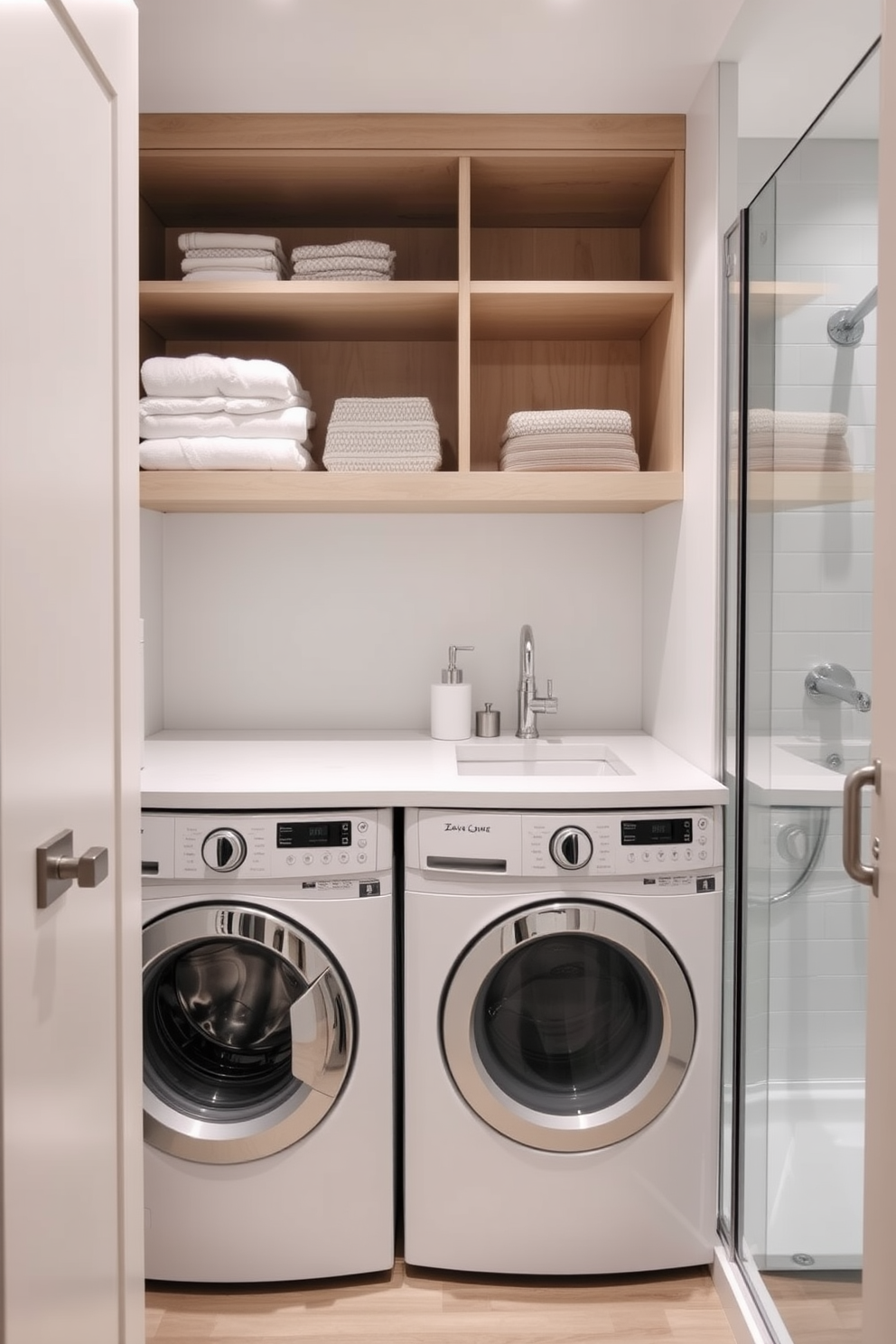 A practical layout for a bathroom laundry room combo features a side-by-side arrangement of the washing machine and dryer, seamlessly integrated into cabinetry for a clean look. The design includes a countertop above the machines for folding clothes, with open shelving above for easy access to laundry supplies. The bathroom area includes a compact vanity with a modern sink, and the shower is enclosed with glass to maximize space. Neutral colors and efficient lighting enhance the functionality of the room while maintaining a stylish aesthetic.