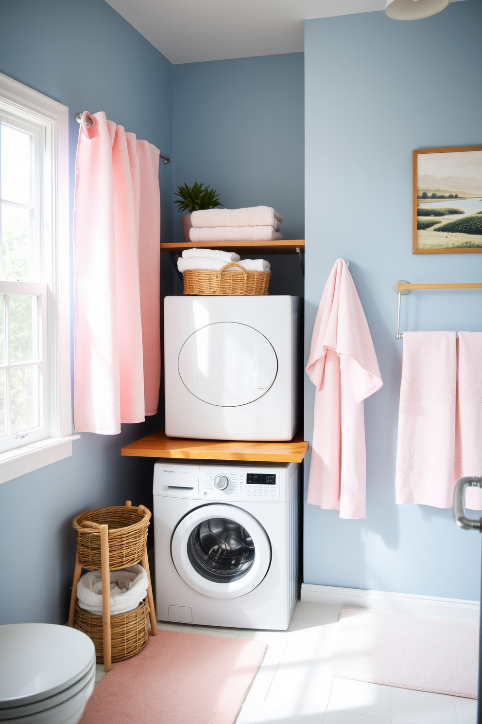 A bright and airy bathroom laundry room combo features a sleek white washer and dryer stacked in a corner with a wooden countertop above for folding clothes. The walls are painted in a soft blue hue, complemented by seasonal decor like a small potted plant and a woven basket filled with fresh towels. For a fresh seasonal look, the bathroom showcases pastel-colored accessories such as a light pink shower curtain and matching bath mats. A decorative wall art piece depicting a serene landscape adds a touch of tranquility to the space.