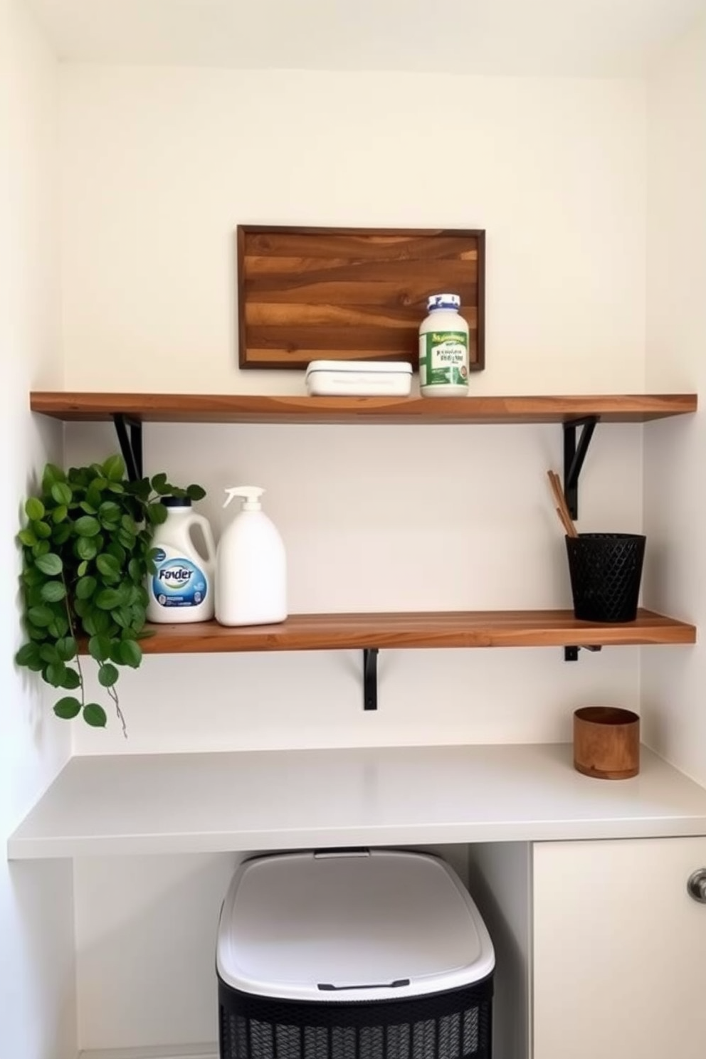 Open shelving for laundry essentials creates a functional and organized space. The shelves are made of reclaimed wood and are mounted above a sleek countertop, providing easy access to detergent and fabric softeners. The walls are painted in a soft white color, enhancing the brightness of the room. A stylish laundry basket sits beneath the shelves, while a potted plant adds a touch of greenery to the decor.