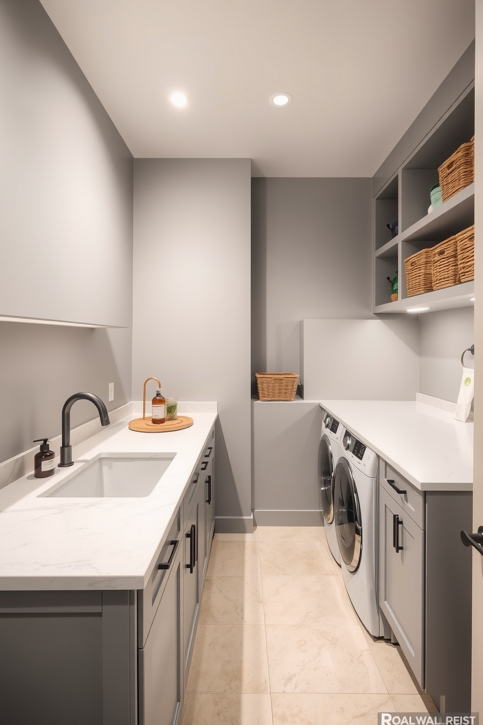 A functional laundry room that seamlessly integrates with the bathroom features easy-to-clean surfaces for effortless maintenance. The space includes a sleek countertop made of quartz, complemented by a deep sink and modern appliances tucked away behind stylish cabinetry. The walls are painted in a soft gray, creating a calm atmosphere, while the floor is covered in large, light-colored tiles that resist stains. A built-in shelving unit provides organized storage for laundry essentials, and decorative baskets add a touch of warmth to the design.