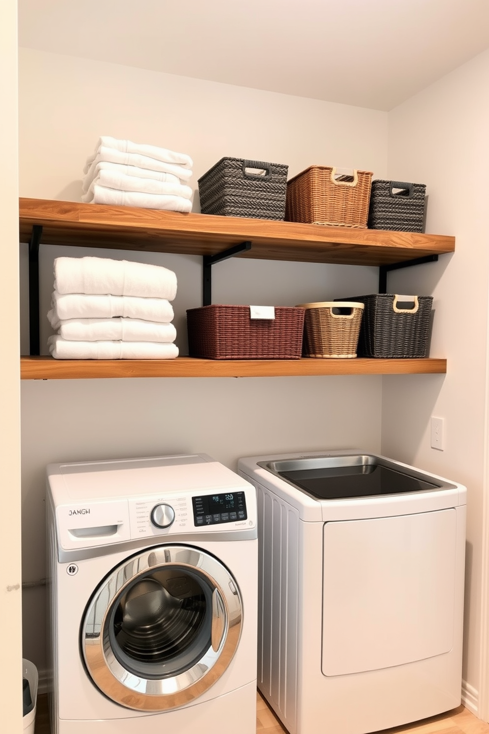 A modern laundry room featuring floating shelves above the washer and dryer. The shelves are made of reclaimed wood and display neatly folded towels and decorative storage baskets.