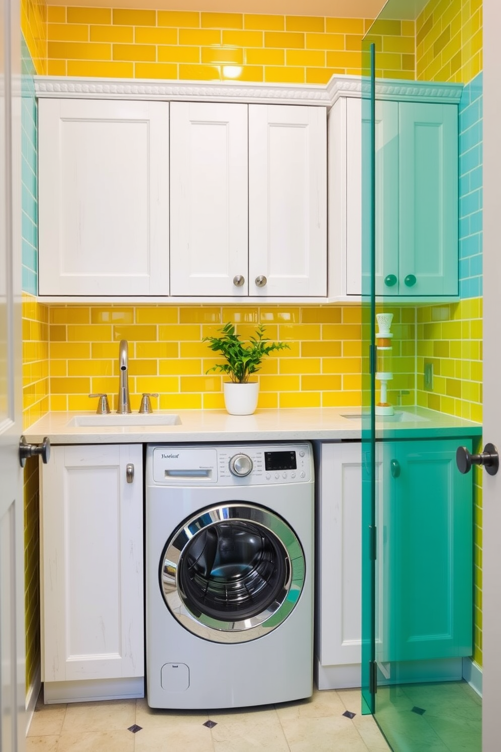 Bright tiles create a cheerful ambiance in a bathroom laundry room combo. The walls are adorned with colorful ceramic tiles in shades of yellow and turquoise, giving the space a lively and inviting feel. A sleek washer and dryer are seamlessly integrated into the cabinetry, which features white wood with modern hardware. A spacious countertop above the machines provides ample space for folding laundry, while a small potted plant adds a touch of greenery.