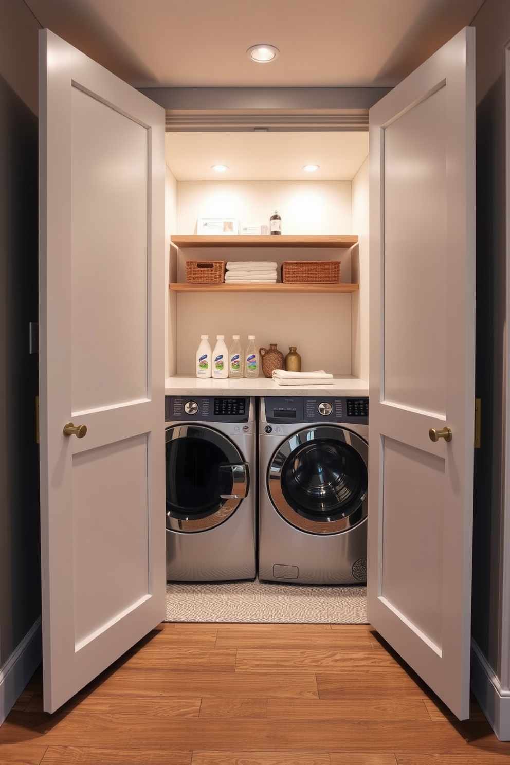 A functional laundry room cleverly concealed behind stylish cabinet doors. The space features a sleek countertop for folding clothes and ample storage for detergents and supplies.