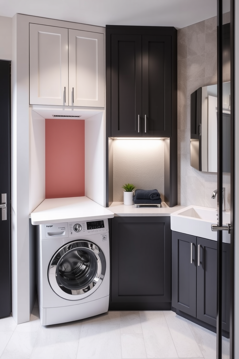 A cozy laundry nook features a fold-down table that blends seamlessly into the wall when not in use. The space is designed with built-in cabinets for storage and a stylish backsplash that adds a pop of color. Adjacent to the laundry nook, a modern bathroom area showcases a sleek vanity with a minimalist design. The fixtures are polished chrome, and the walls are adorned with soft, neutral tiles that create a calming ambiance.