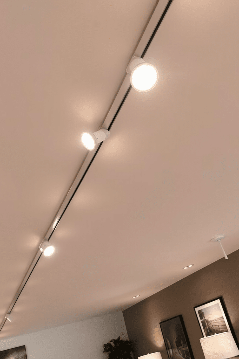 Adjustable track lighting is installed on the ceiling, allowing for customizable illumination in the space. The sleek design of the track complements the modern aesthetic of the room. The fixtures can be adjusted to highlight specific areas, such as artwork or seating arrangements. This flexibility enhances the functionality and ambiance of the interior, creating a warm and inviting atmosphere.