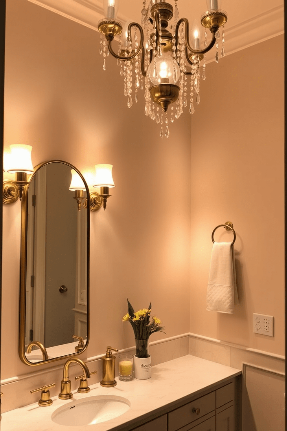 A warm and inviting bathroom featuring elegant brass fixtures that enhance the overall aesthetic. The lighting is soft and ambient, creating a cozy atmosphere while highlighting the beauty of the fixtures. Strategically placed sconces frame the mirrors, providing both functionality and style. A statement chandelier hangs above, adding a touch of luxury and sophistication to the space.