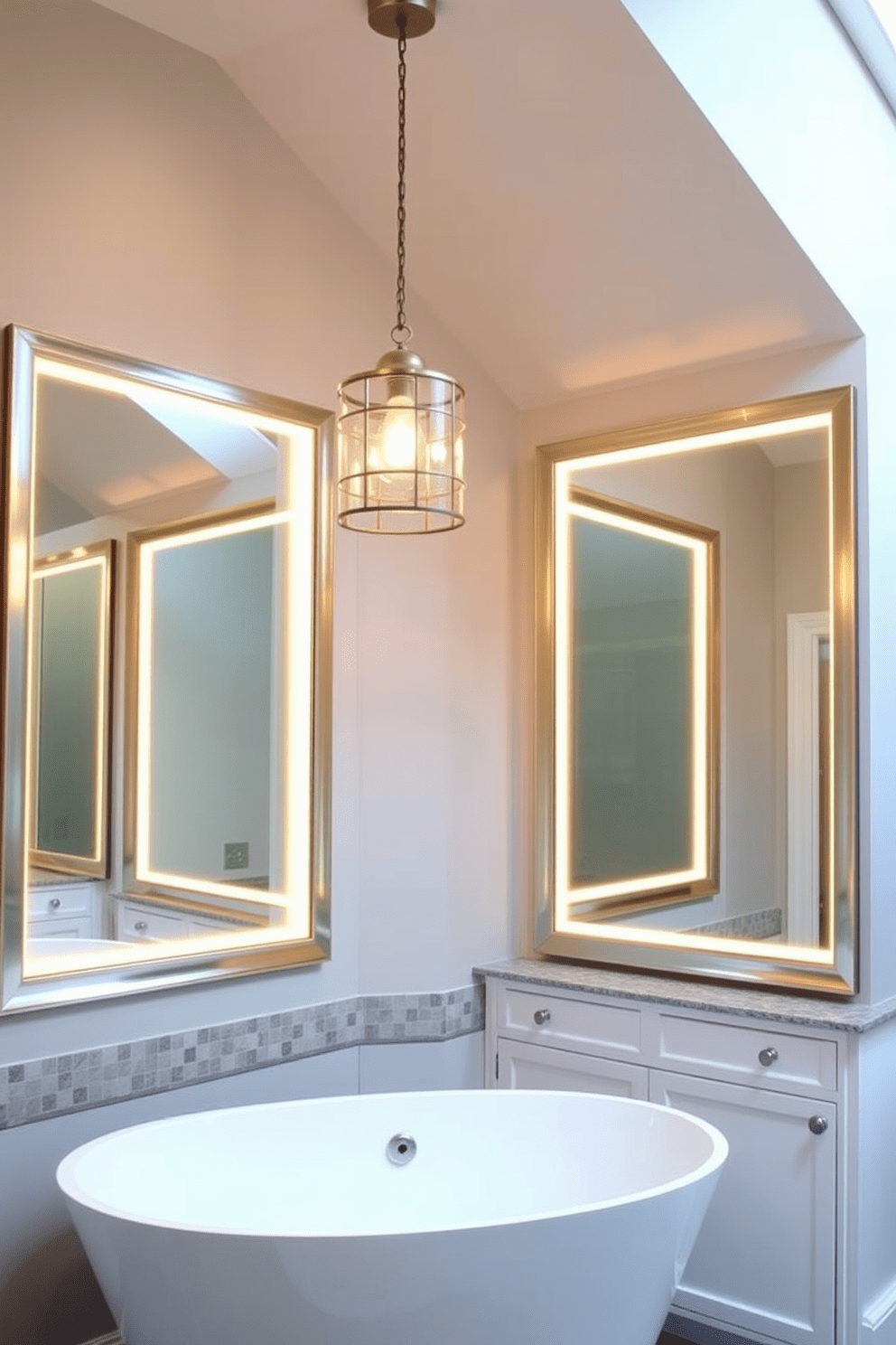 A sleek bathroom featuring backlit mirrors that create a warm and inviting atmosphere. The mirrors are framed in brushed nickel, reflecting the soft glow of recessed lighting overhead. The walls are painted in a soft gray, complementing the elegant white cabinetry. A stylish pendant light hangs above the freestanding tub, adding a touch of sophistication to the space.