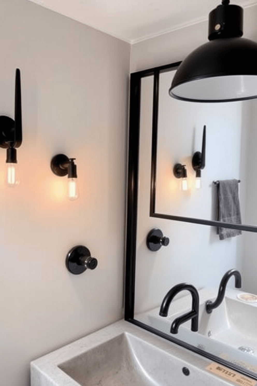 A stylish bathroom featuring industrial-style fixtures with exposed metal elements and a polished concrete sink. The lighting consists of vintage Edison bulb sconces mounted on the walls, casting a warm glow throughout the space. The ceiling is adorned with a sleek black pendant light that complements the overall aesthetic. A large mirror with a black metal frame reflects the unique design, enhancing the trendy vibe of the bathroom.