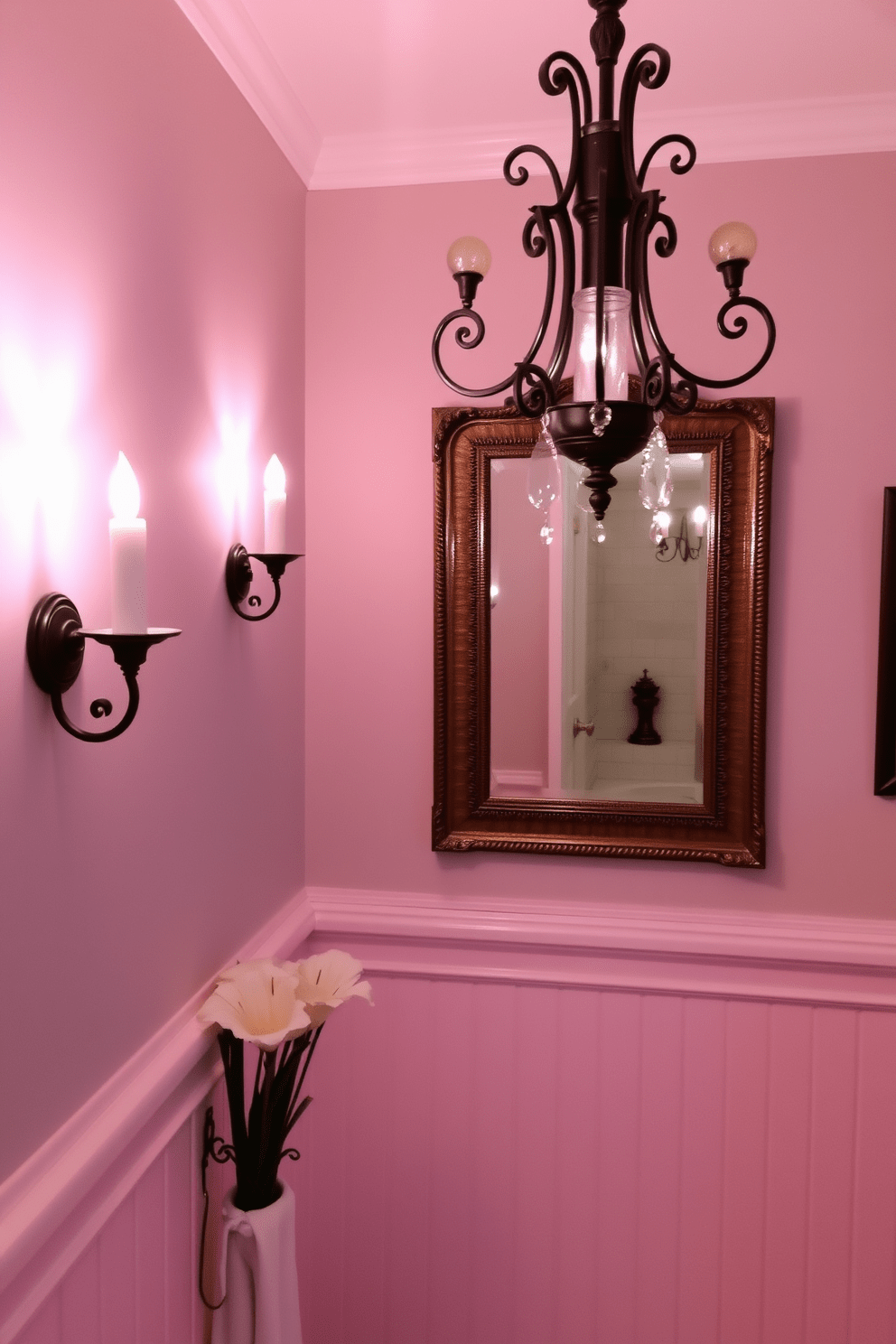 A cozy bathroom ambiance is created with candle-style sconces mounted on the walls providing a warm glow. The sconces are designed with intricate details and soft candlelight, enhancing the romantic atmosphere of the space. The lighting is complemented by a vintage-inspired chandelier hanging from the ceiling, casting a soft light throughout the room. Elegant wall colors in soft pastels enhance the serene and inviting feel of the bathroom.