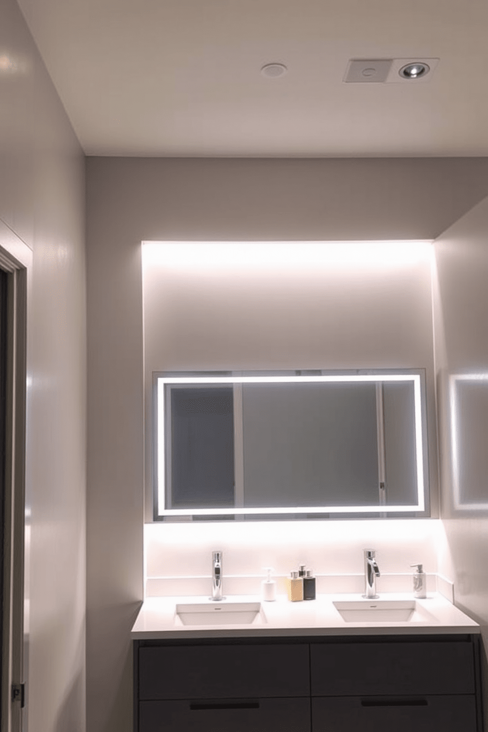 A modern bathroom featuring smart lighting that can be adjusted to create various moods and settings. The lighting includes recessed ceiling fixtures and LED strip lights under the vanity, allowing for both bright illumination and soft ambient glow. The walls are painted in a calming light gray, enhancing the sleek look of the space. A large mirror with integrated smart lighting is positioned above the double sinks, providing both functionality and style.