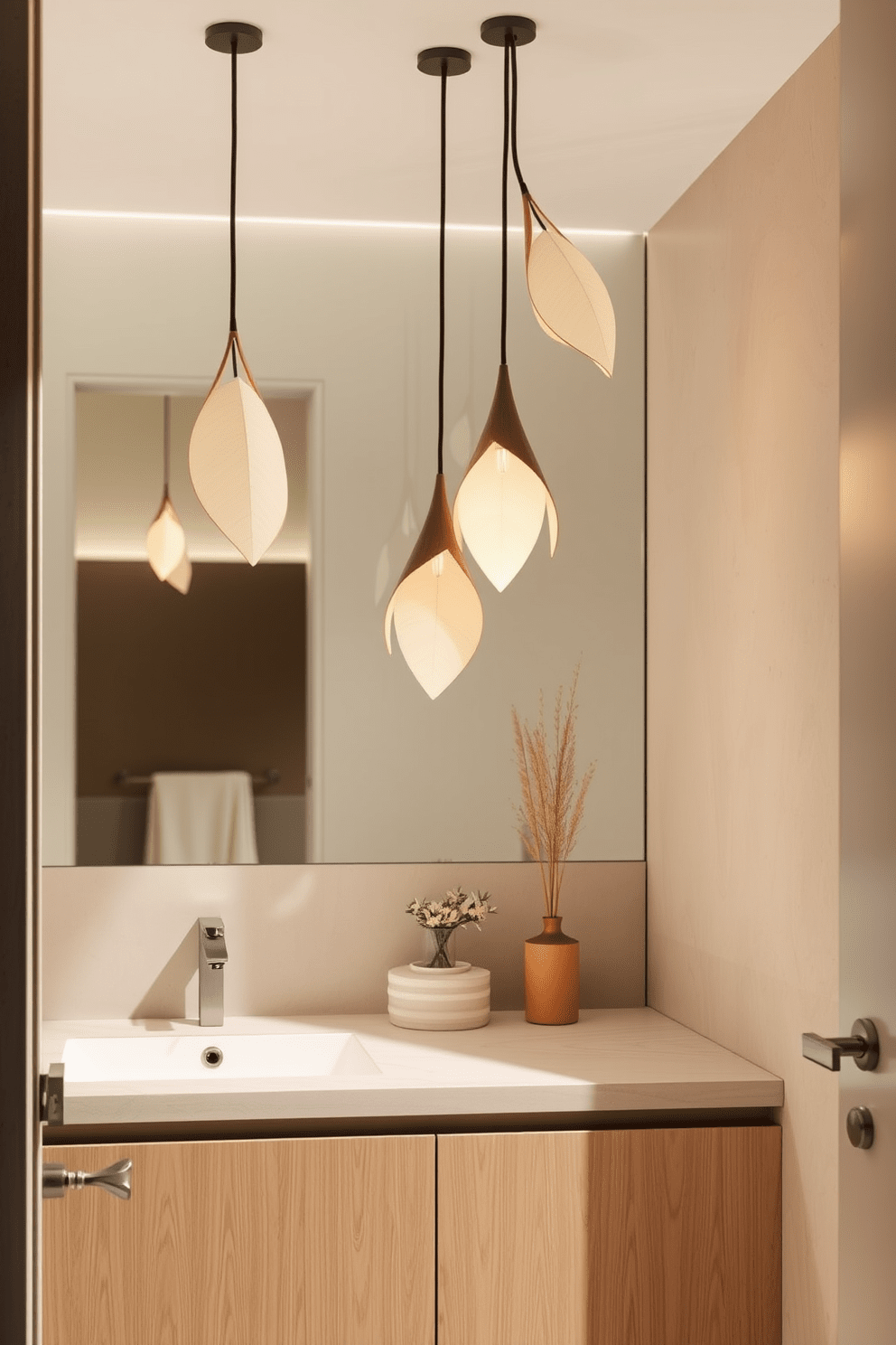 A serene bathroom ambiance featuring nature-inspired fixtures that embody organic shapes. The lighting design incorporates soft, diffused illumination that mimics natural light, creating a calming atmosphere. The fixtures are crafted from sustainable materials, harmonizing with the earthy tones of the space. Pendant lights with leaf-like designs hang gracefully above the vanity, enhancing the connection to nature.