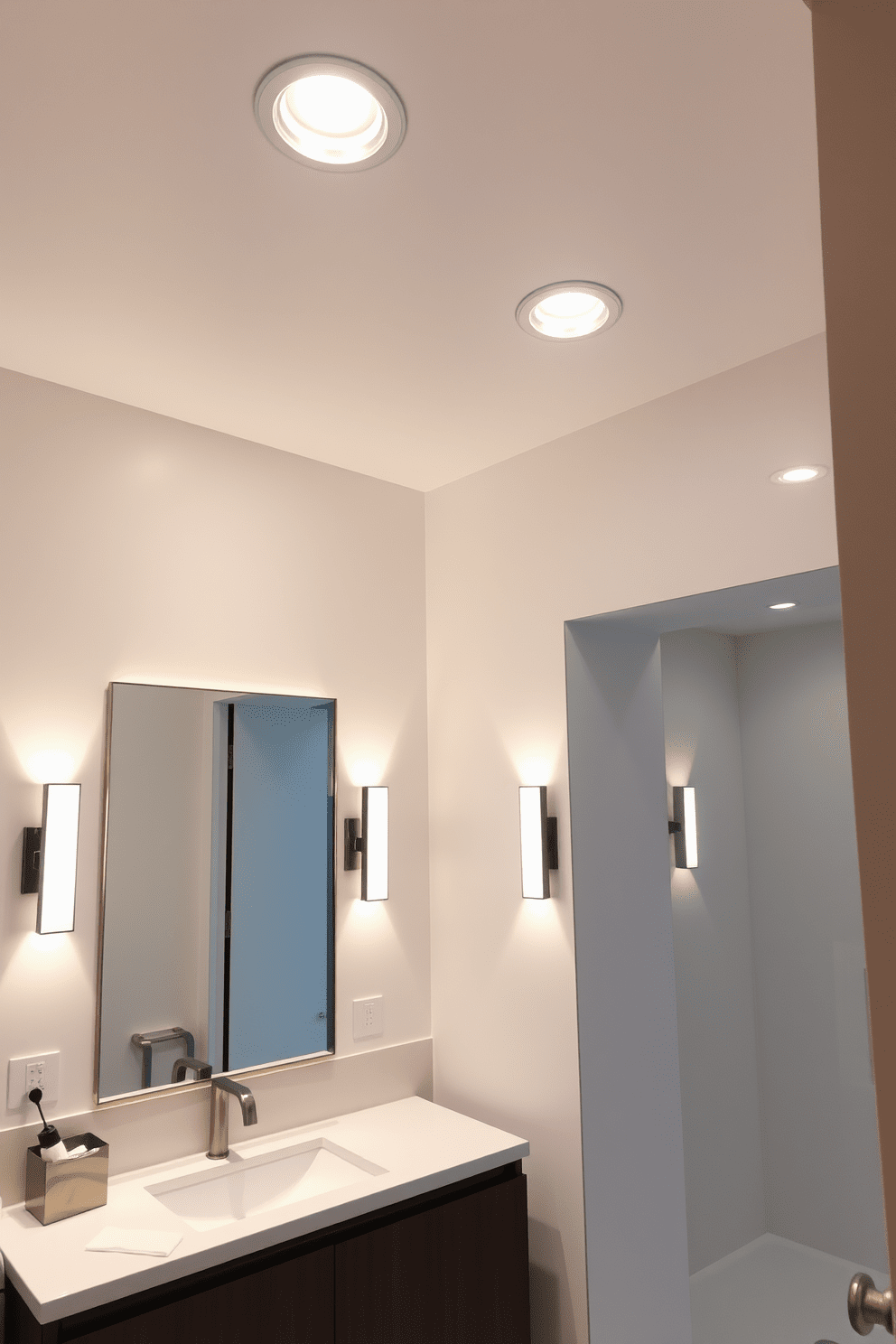 A modern bathroom featuring recessed lighting that creates a sleek and minimalist ambiance. The soft glow from the recessed fixtures highlights the elegant finishes and enhances the overall design. Incorporating layered lighting elements, the space includes wall sconces beside the mirrors for added functionality. The combination of recessed lights and sconces provides a warm and inviting atmosphere while ensuring adequate illumination for daily activities.