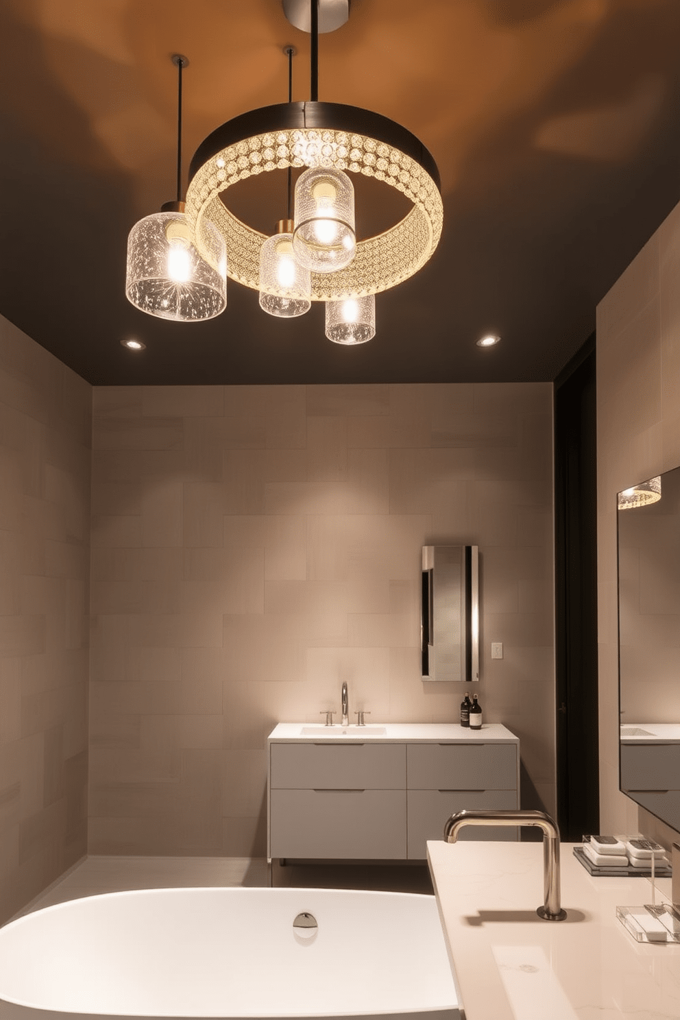 A stunning bathroom space featuring statement ceiling lights that create a dramatic ambiance. The lights are elegantly suspended above a sleek bathtub, illuminating the room with a warm glow. The walls are adorned with textured tiles in soft neutral tones, enhancing the overall elegance. A stylish vanity with a chic mirror reflects the captivating lighting, adding depth to the design.