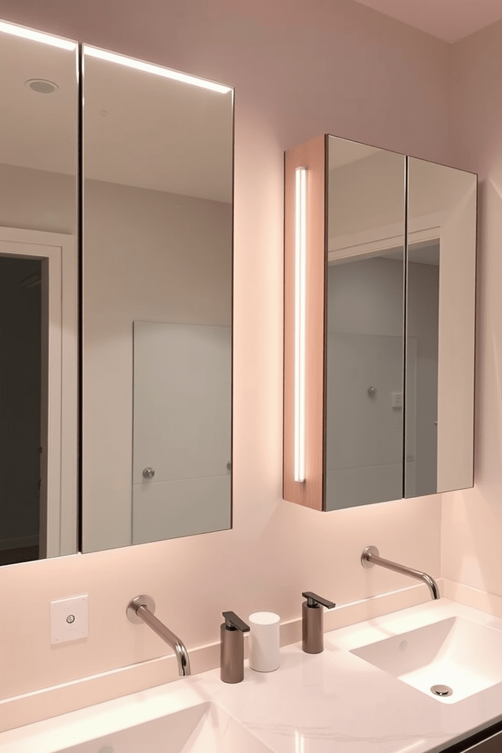 A modern bathroom featuring mirrored cabinets with integrated lighting. The cabinets are sleek and reflect the ambient light, creating a spacious feel in the room. Soft, warm light illuminates the space, enhancing the elegant fixtures and finishes. The overall design combines functionality with a contemporary aesthetic, perfect for a luxurious atmosphere.