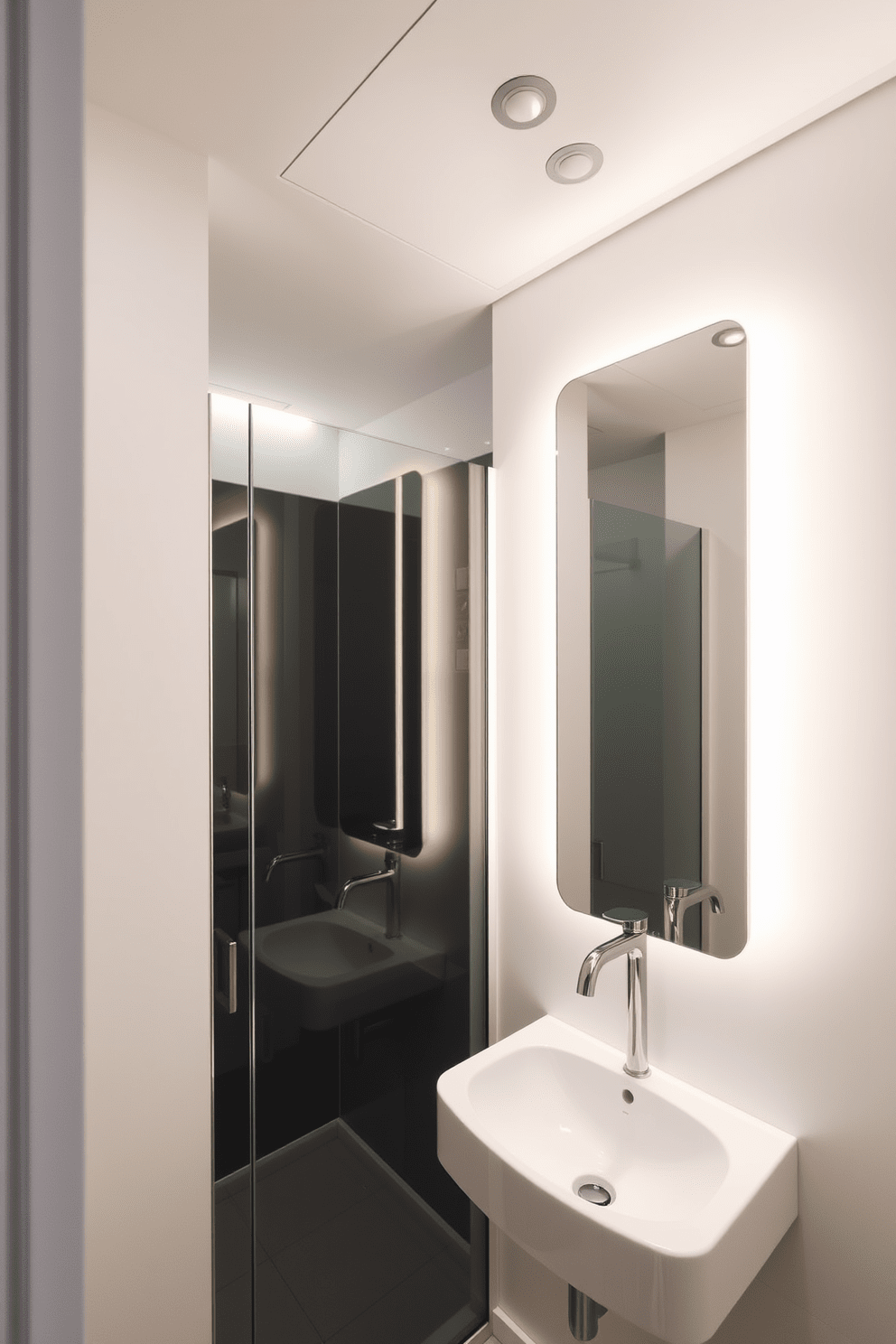 A minimalist bathroom design featuring sleek fixtures that emphasize a clean aesthetic. The space includes a wall-mounted sink with a simple chrome faucet and a frameless glass shower enclosure. Soft, ambient lighting is strategically placed to enhance the serene atmosphere. Recessed ceiling lights and a backlit mirror provide a warm glow, creating a tranquil retreat.