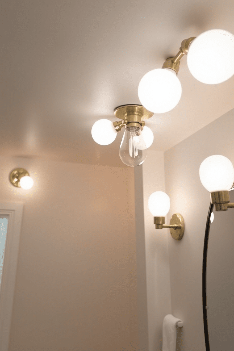 Soft white bulbs illuminate the space, creating a warm and inviting atmosphere. The fixtures are elegantly designed, blending seamlessly with the overall aesthetic of the bathroom. The lighting is strategically placed to enhance the features of the room, highlighting the textures and colors of the decor. Each bulb casts a gentle glow, making the bathroom feel like a serene retreat.