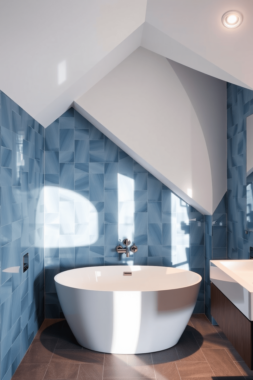 A bathroom featuring unique geometric shapes with a freestanding tub in an asymmetrical layout. The walls are adorned with angular tiles in varying shades of blue, creating a striking visual effect. The lighting design incorporates sculptural light fixtures that cast interesting shadows across the room. Soft, warm light enhances the ambiance, while recessed lighting highlights the unique architectural features.