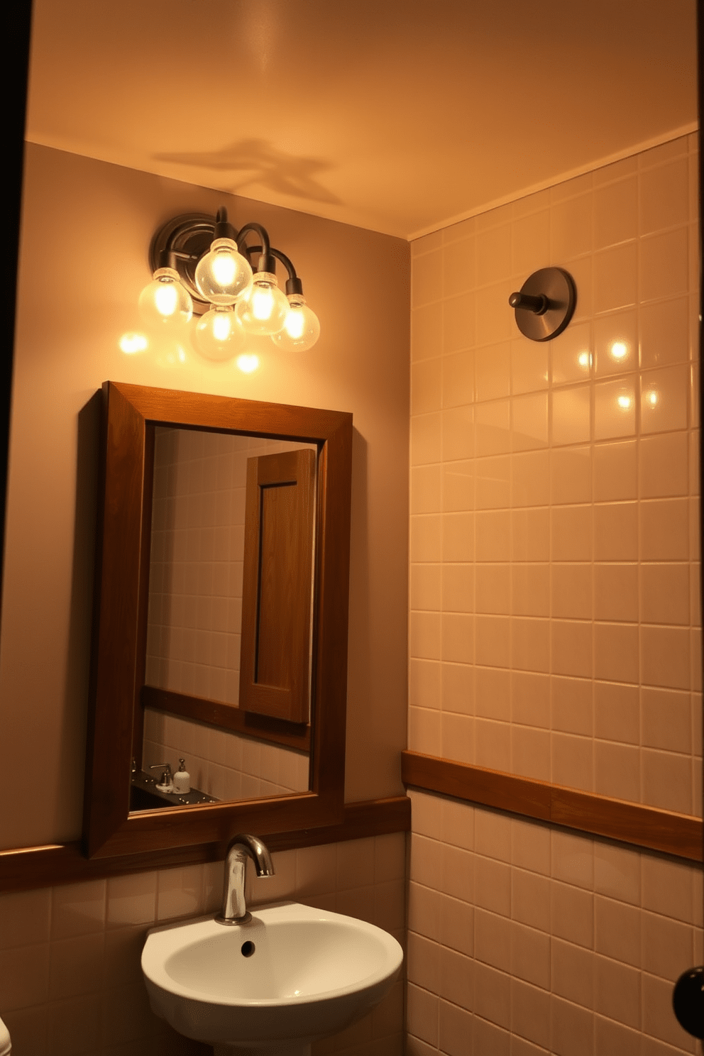 A cozy bathroom illuminated by warm-toned bulbs creating an inviting glow. The lighting fixtures are elegantly designed, casting soft shadows that enhance the room's warmth and comfort. The walls are adorned with light beige tiles, complementing the rich wooden accents throughout. A stylish mirror reflects the gentle light, making the space feel larger and more welcoming.