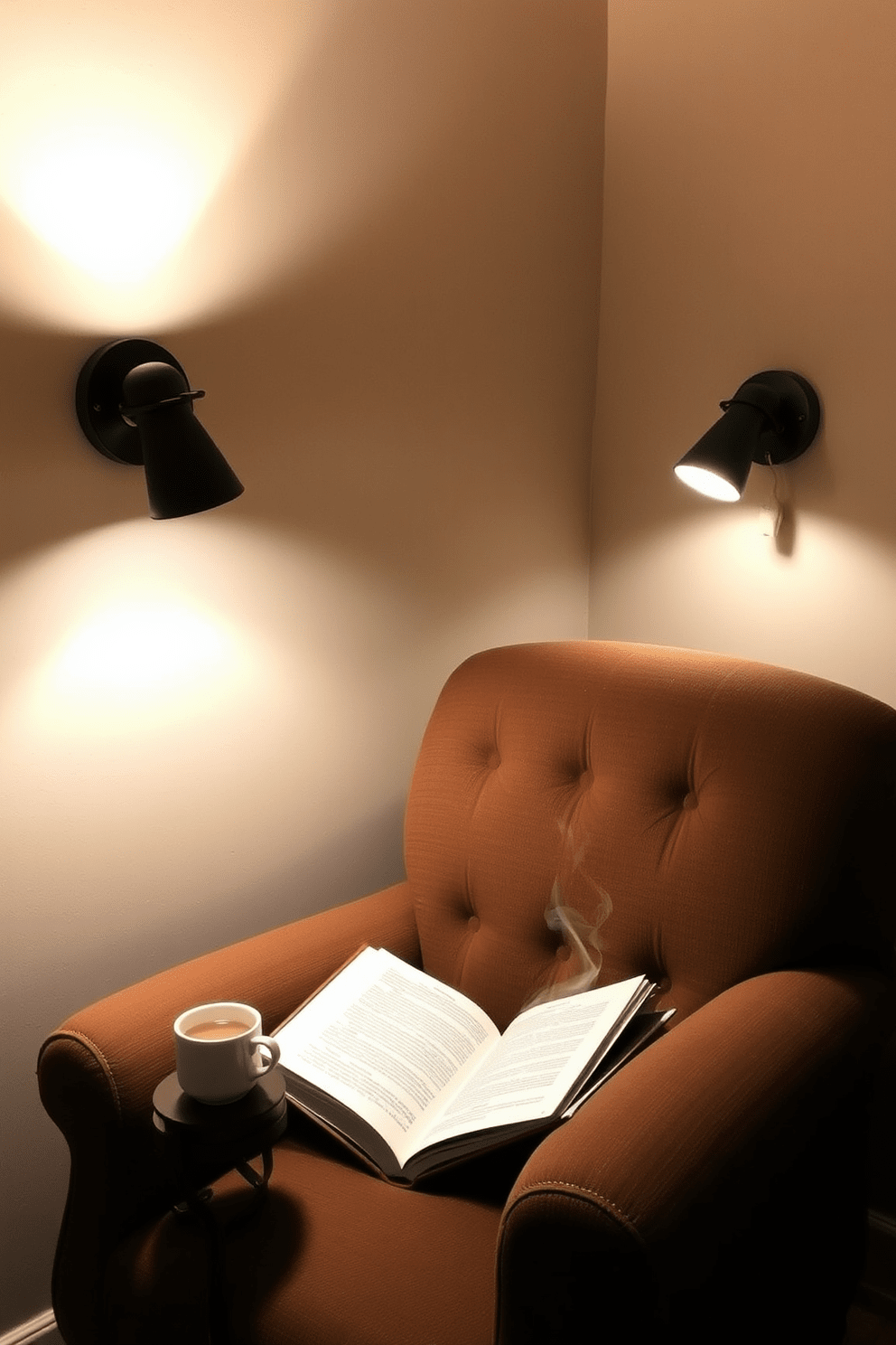 A cozy reading nook features wall-mounted reading lights positioned on either side of a plush armchair. The warm glow from the lights creates an inviting atmosphere, perfect for curling up with a good book. The wall behind the armchair is painted in a soft beige, complementing the rich fabric of the chair. A small side table holds a steaming cup of tea, enhancing the tranquil reading experience.