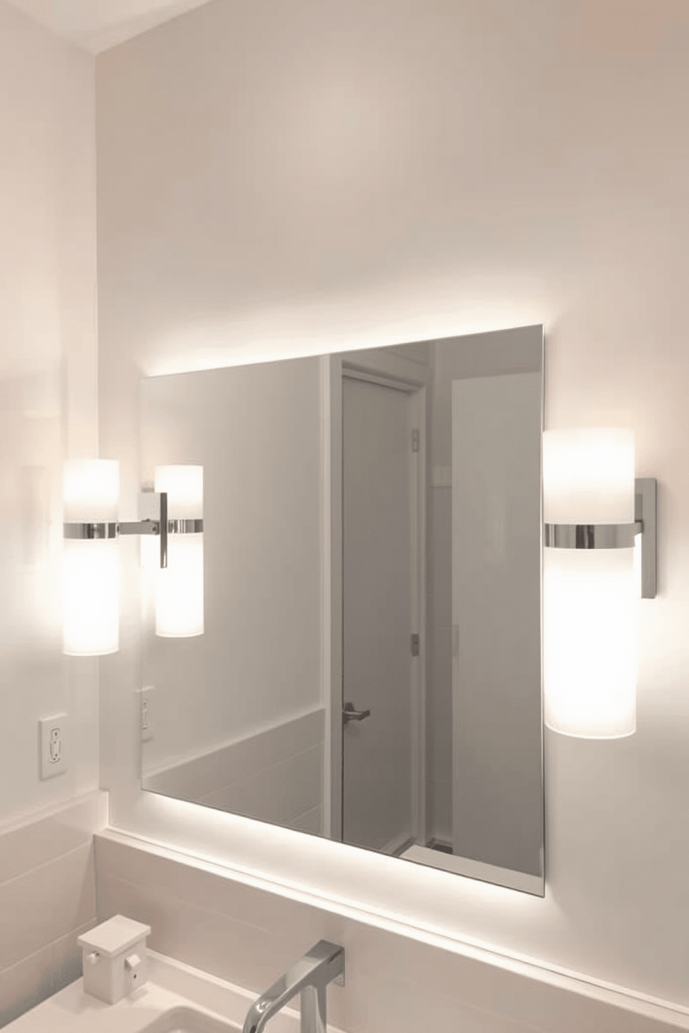 A modern bathroom lighting design featuring frosted glass fixtures that provide a soft and diffused glow. The fixtures are elegantly mounted on either side of a sleek mirror, enhancing the overall ambiance of the space.