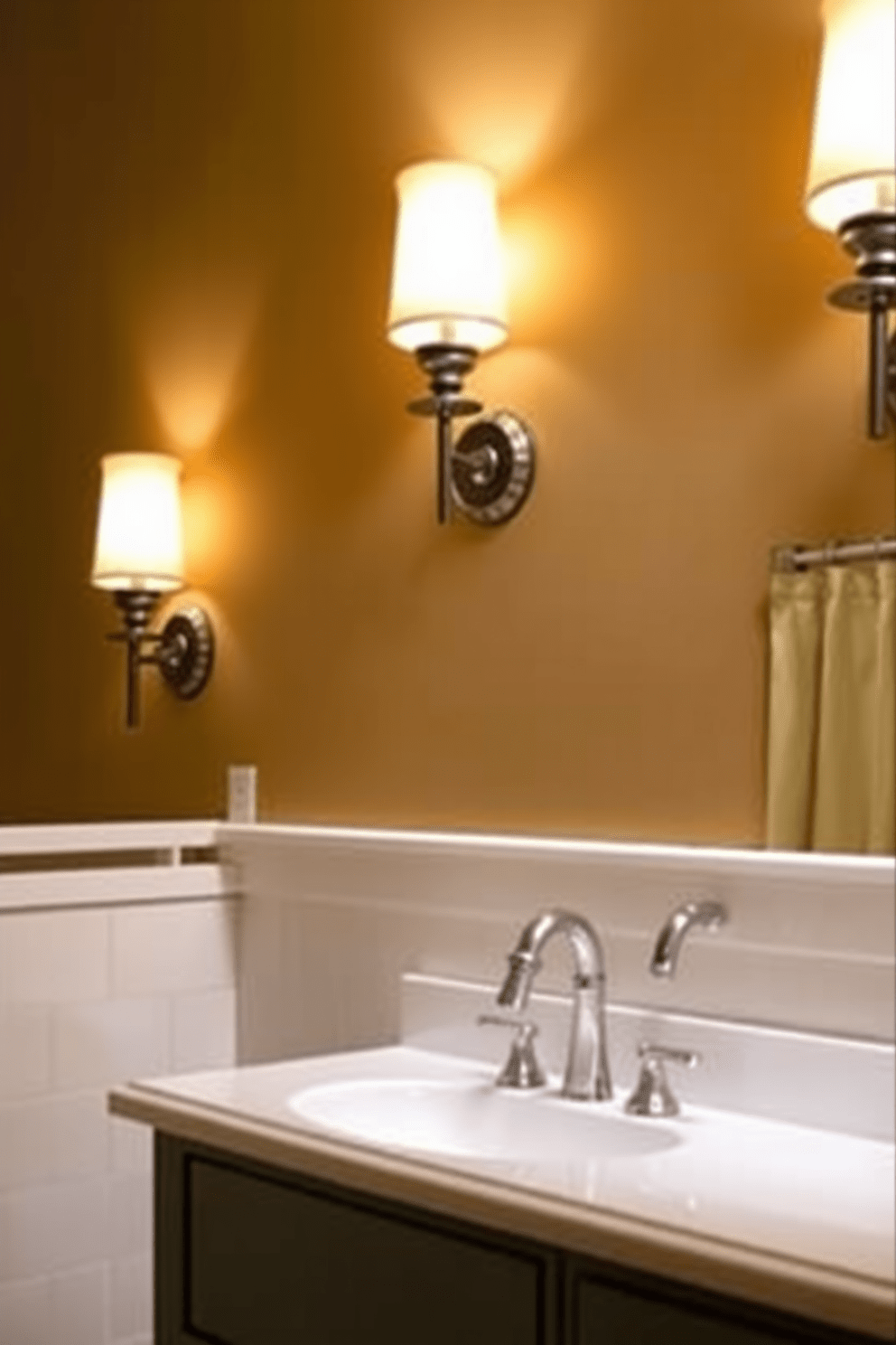 A warm and inviting bathroom ambiance is created with elegant wall sconces flanking the mirror. The sconces emit a soft glow, enhancing the overall lighting while adding a touch of sophistication to the space.