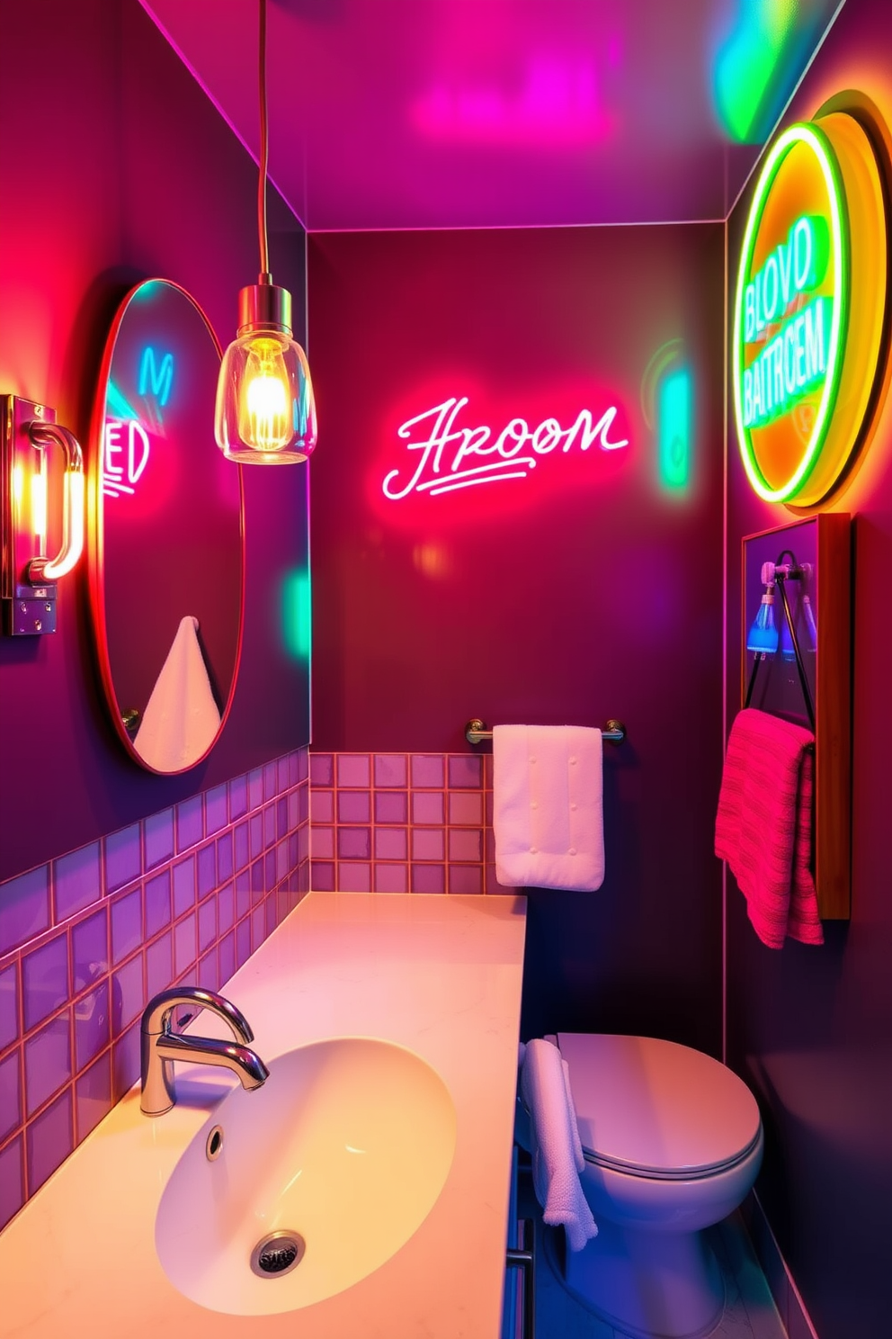 A vibrant bathroom featuring retro neon signs that add a playful touch to the overall design. The neon signs illuminate the space with colorful hues, creating a fun and energetic atmosphere. The lighting fixtures are strategically placed to enhance the retro theme while providing ample illumination. Soft pendant lights hang above the vanity, complementing the neon accents and adding warmth to the room.