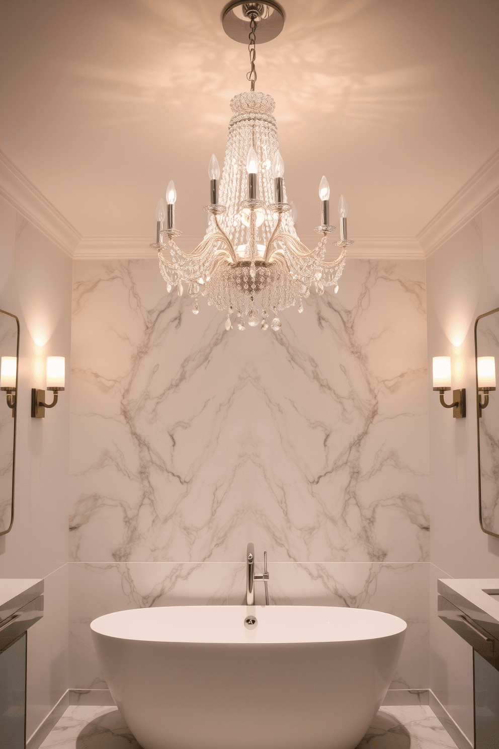 A chic chandelier hangs gracefully from the ceiling, featuring intricate crystal details that refract light beautifully. Below it, a modern soaking tub sits against a backdrop of elegant marble tiles, creating a serene focal point in the bathroom. Soft ambient lighting is strategically placed around the room, enhancing the overall atmosphere while providing functional illumination. Wall sconces flanking the mirrors offer additional light, complementing the chandelier and creating a warm, inviting space.