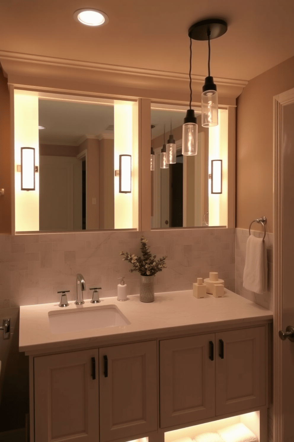 A serene bathroom ambiance is created with under-cabinet lighting that casts a soft, inviting glow. The warm light enhances the elegance of the cabinetry while providing functional illumination for daily routines. Incorporate layered lighting with stylish fixtures above the vanity to complement the under-cabinet glow. Consider pendant lights with a modern design that harmonizes with the overall aesthetic of the space.