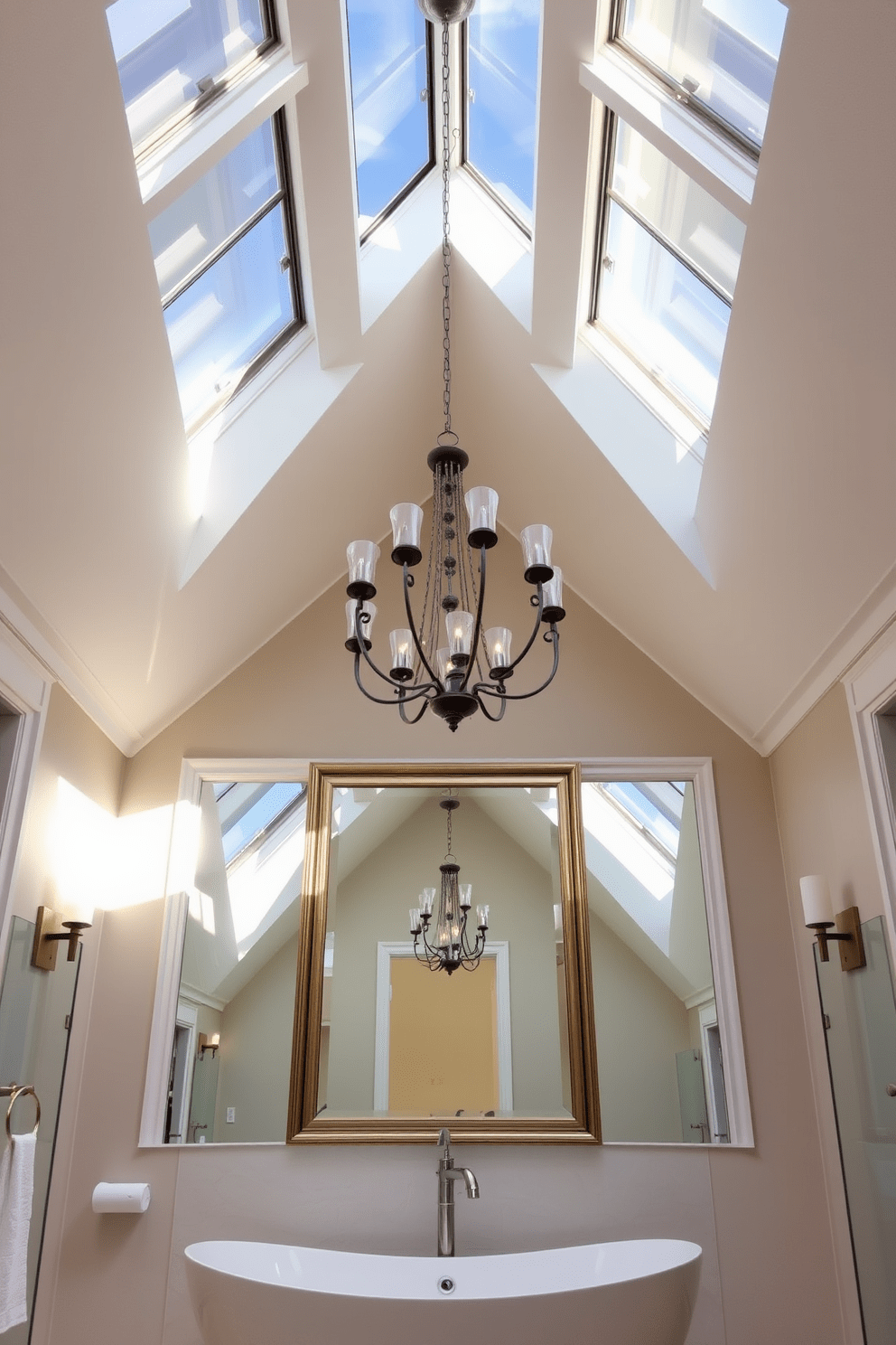 A stylish bathroom featuring expansive skylights that flood the space with natural light. The skylights are framed with sleek white trim and positioned above a freestanding soaking tub. The lighting design incorporates elegant sconces on either side of the mirror, providing warm illumination. A modern chandelier hangs centrally, adding a touch of luxury and sophistication to the overall ambiance.