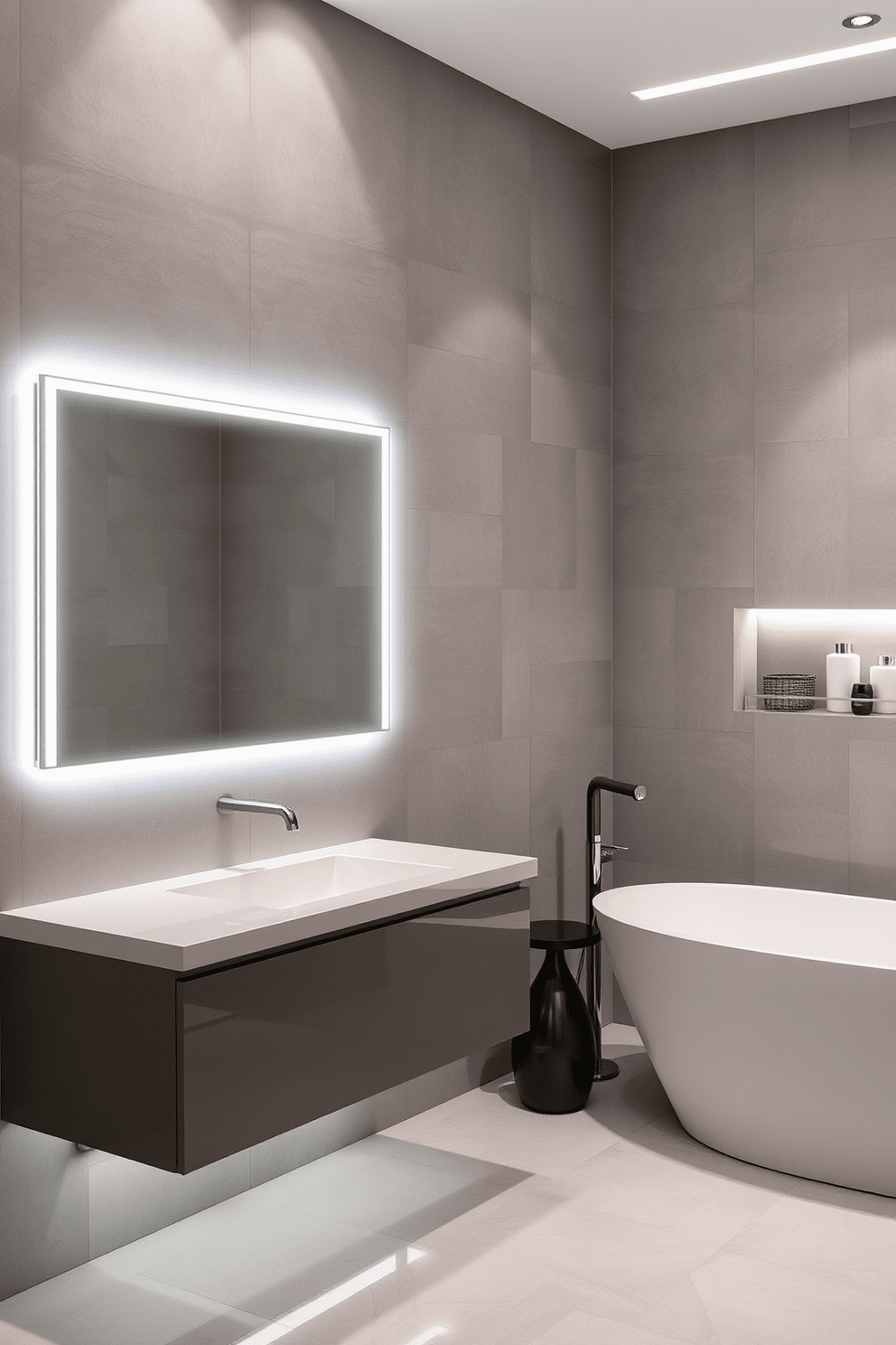 A modern bathroom featuring LED strip lights elegantly integrated around a large frameless mirror. The ambient glow from the lights enhances the sleek design of the space, illuminating a floating vanity with a glossy finish. The walls are adorned with textured tiles in soft gray tones, creating a serene backdrop. A luxurious freestanding bathtub sits in the corner, complemented by stylish fixtures and a minimalist shelving unit displaying decorative items.