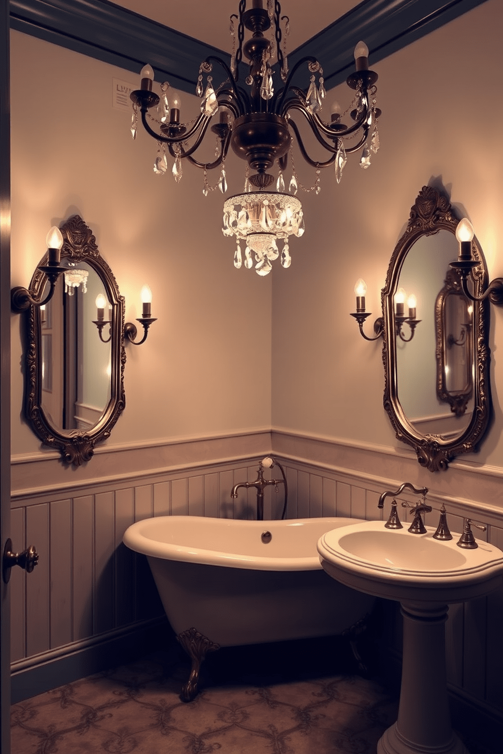 A vintage-inspired bathroom featuring ornate fixtures that exude a classic charm. The space includes a freestanding clawfoot tub with a polished brass faucet and a pedestal sink adorned with intricate detailing. Soft ambient lighting is provided by a chandelier with crystal accents hanging above the tub. Wall sconces with vintage bulbs flank the mirrors, creating a warm and inviting atmosphere.