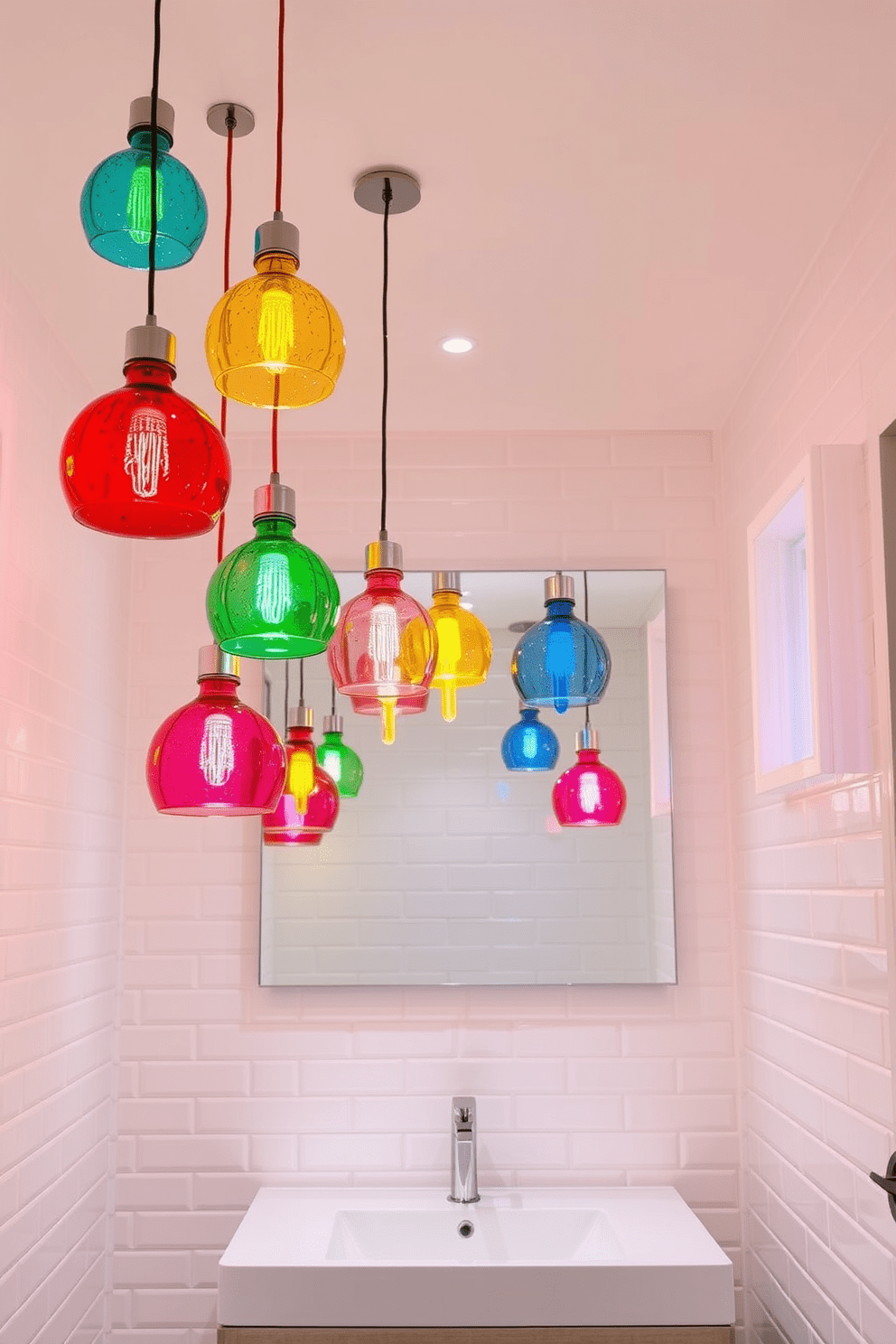 A vibrant bathroom lighting design featuring colorful glass pendants hanging gracefully from the ceiling. The pendants cast a warm and inviting glow, adding a playful touch to the space while enhancing the overall aesthetic. The walls are adorned with soft white tiles, creating a clean backdrop that highlights the vivid colors of the glass fixtures. Below, a sleek modern vanity complements the lighting, offering both functionality and style in this cheerful bathroom setting.