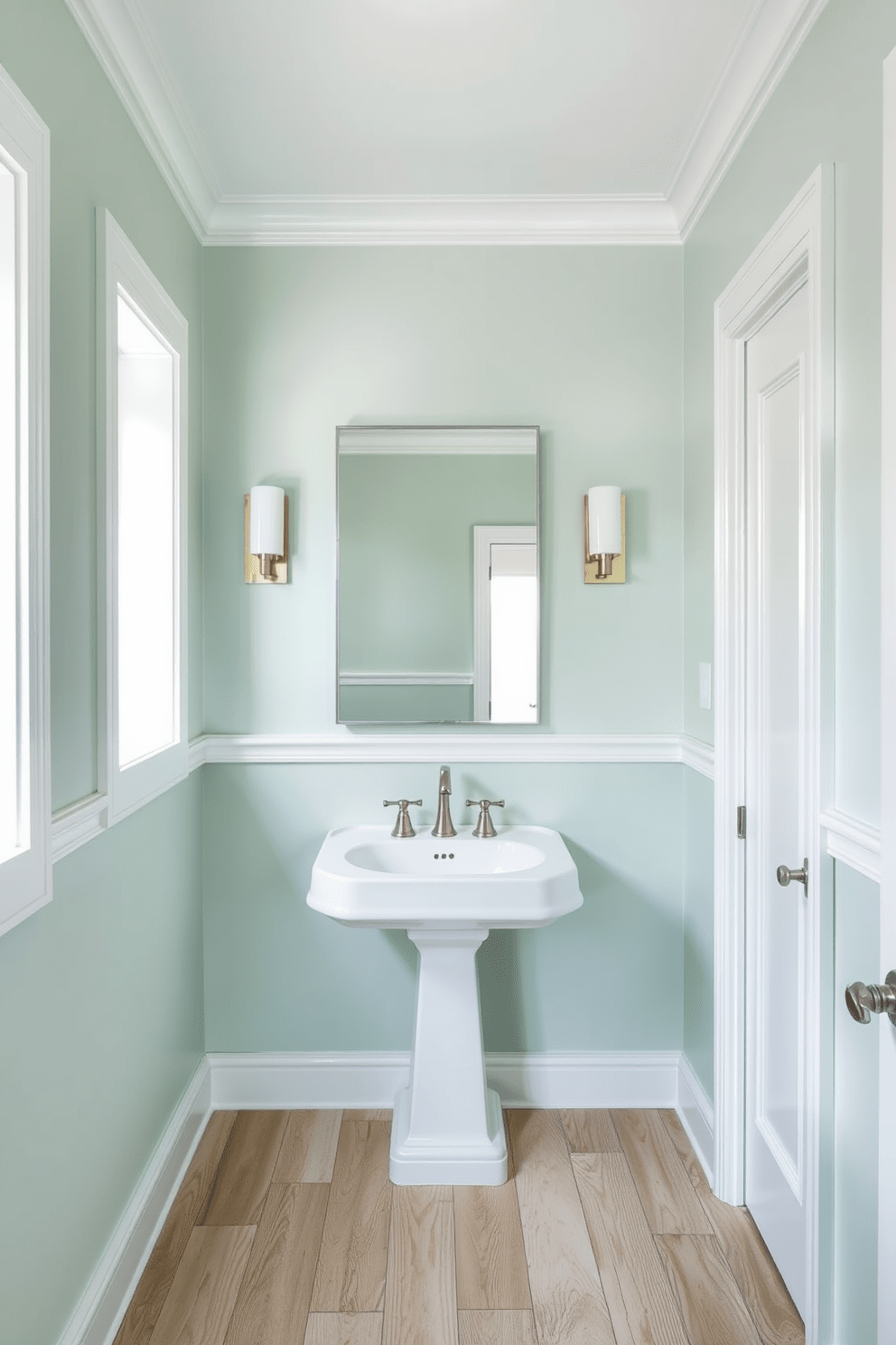 A serene bathroom space featuring soft seafoam green walls that evoke a calming atmosphere. The color is complemented by crisp white trim and accents, creating a fresh and inviting look. The floors are adorned with light wood tiles that add warmth to the space. Elegant fixtures in brushed nickel provide a modern touch, enhancing the overall tranquility of the design.