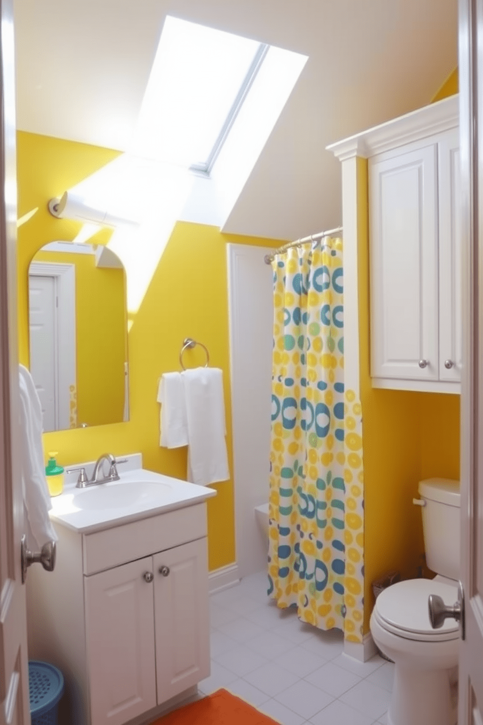 A bright and cheerful bathroom featuring sunny yellow walls that instantly uplift the space. The room is adorned with white cabinetry and sleek fixtures, creating a fresh contrast with the vibrant hue. Natural light floods in through a large window, highlighting the playful design elements. A stylish shower curtain in a complementary pattern adds a touch of personality to the overall aesthetic.