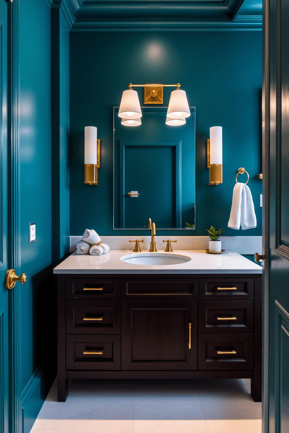 A luxurious bathroom featuring deep teal walls that create a rich and inviting atmosphere. The space is complemented by sleek white fixtures and gold accents that enhance the overall elegance. The vanity is made of dark wood with a polished white marble countertop, providing a striking contrast against the deep teal backdrop. Soft lighting fixtures are strategically placed to highlight the beauty of the color and create a warm ambiance.