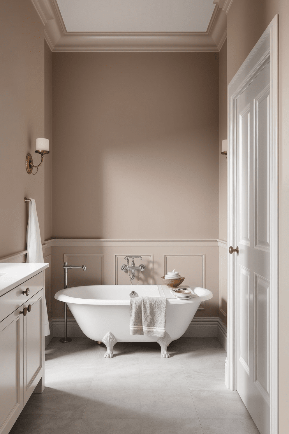 A serene bathroom setting features walls painted in a subtle taupe hue that exudes understated sophistication. The color creates a warm and inviting atmosphere, complemented by elegant fixtures and tasteful decor. The flooring consists of light gray tiles that enhance the overall softness of the space. A freestanding bathtub sits gracefully in the corner, surrounded by stylish accessories that add a touch of luxury.