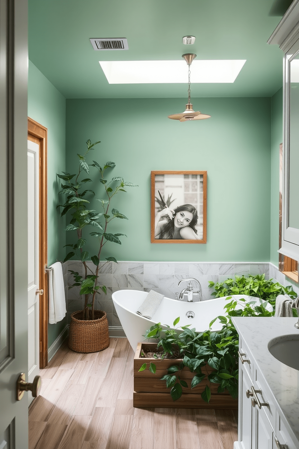 A serene bathroom atmosphere featuring fresh mint green walls that evoke a sense of calm and tranquility. The space is complemented by white cabinetry and natural wood accents, creating a harmonious balance. Incorporate a large soaking tub surrounded by lush greenery to enhance the refreshing vibe. Elegant fixtures in brushed nickel add a touch of sophistication to the overall design.