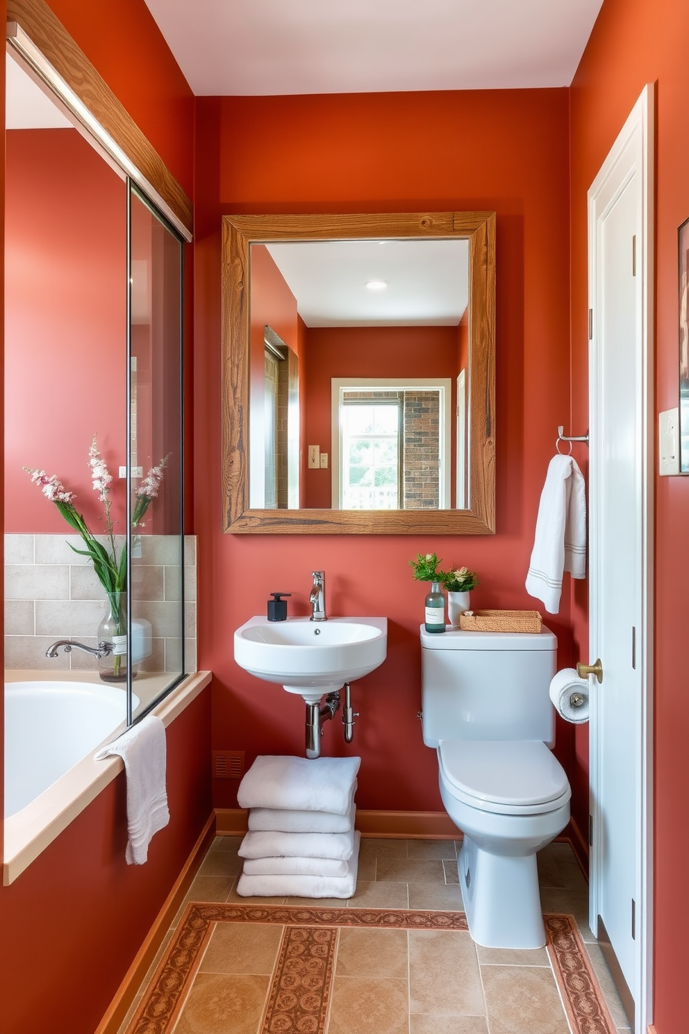 A warm terracotta bathroom features walls painted in a rich earthy hue that creates a cozy and inviting atmosphere. The space is complemented by natural wood accents and soft white fixtures that enhance the warmth of the terracotta. Elegant ceramic tiles in a subtle pattern line the floor, adding texture and interest to the design. A large mirror framed in reclaimed wood hangs above a sleek vanity, reflecting the warmth and style of the room.